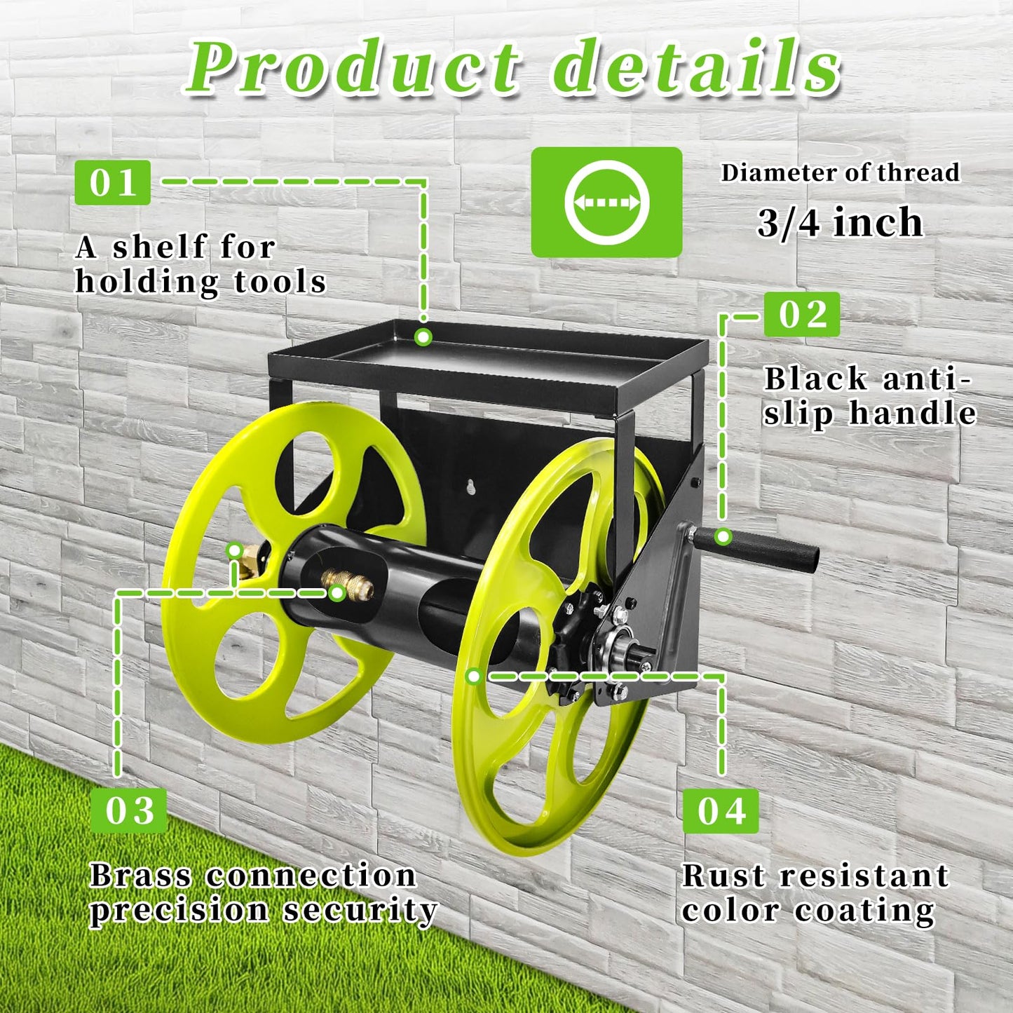 Stainless Steel Garden Hose Reel for 5/8" Hose Reel with Crank Handle Retractable ，Wall Mount Metal Hose Reel 3/4 in Brass Fitting ， Holds up to 120-FtHose with Storage Rack (Hose not included）