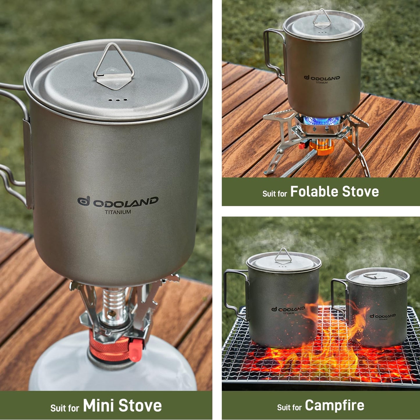 Odoland Titanium Camping Cookware 420ML & 750ML Titanium Pot with Lid and Spork Lightweight Camping Pot for Backpacking Hiking Traveling and Picnic