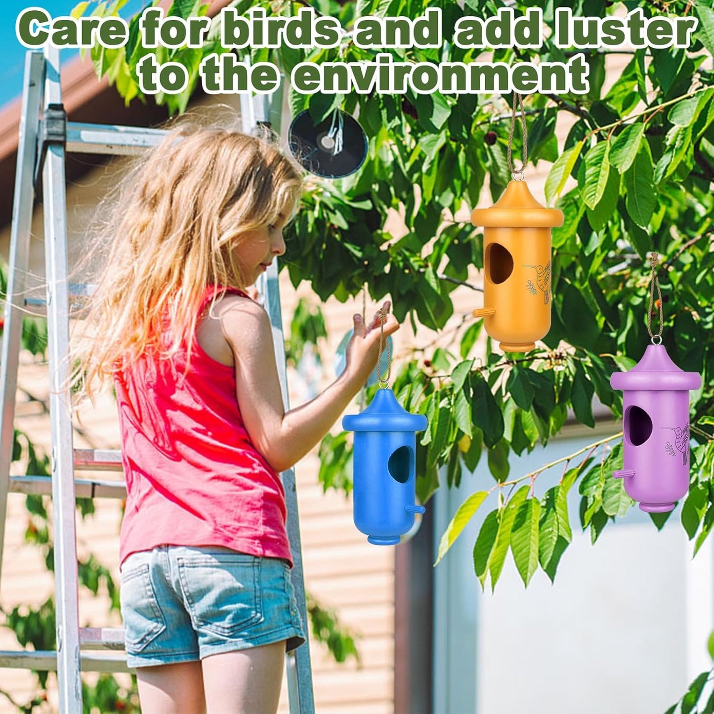 Hummingbird House for Outside Hanging, Garden Window Decorative Wooden Humming Bird Nest 3 Pack Blue Yellow Purple, Hummingbird Gifts for Garden Lovers, Great Home Decoration