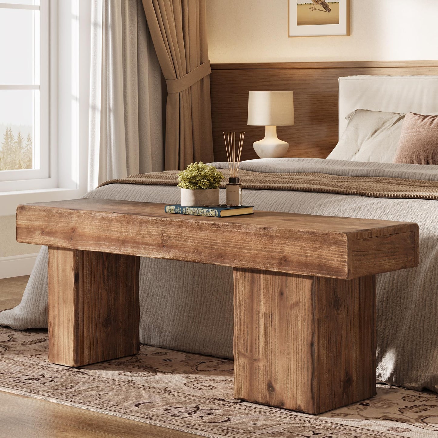 TRIBEWOOD Thickened Solid Wood Bench, 47" Rustic Farmhouse Entryway Bench with Artistic Legs, Heavy Duty Dining Bench for Kitchen, Living Room, Hallway, End of Bed, Natural Wood