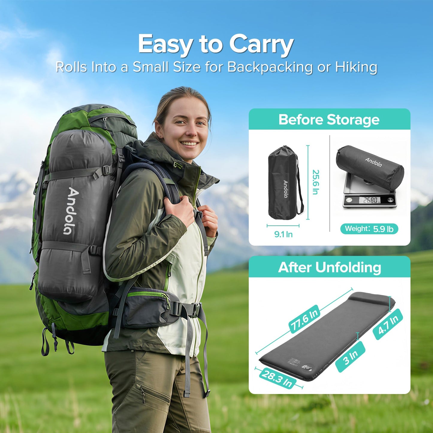 Andola Self-Inflating Sleeping Pad for Camping, 3" Ultra-Thick Outdoor Camping Mat with Pillow & 9.5 R-Value, Insulated All-Season Foam Camping Mattress for Camping Travel Tent Car