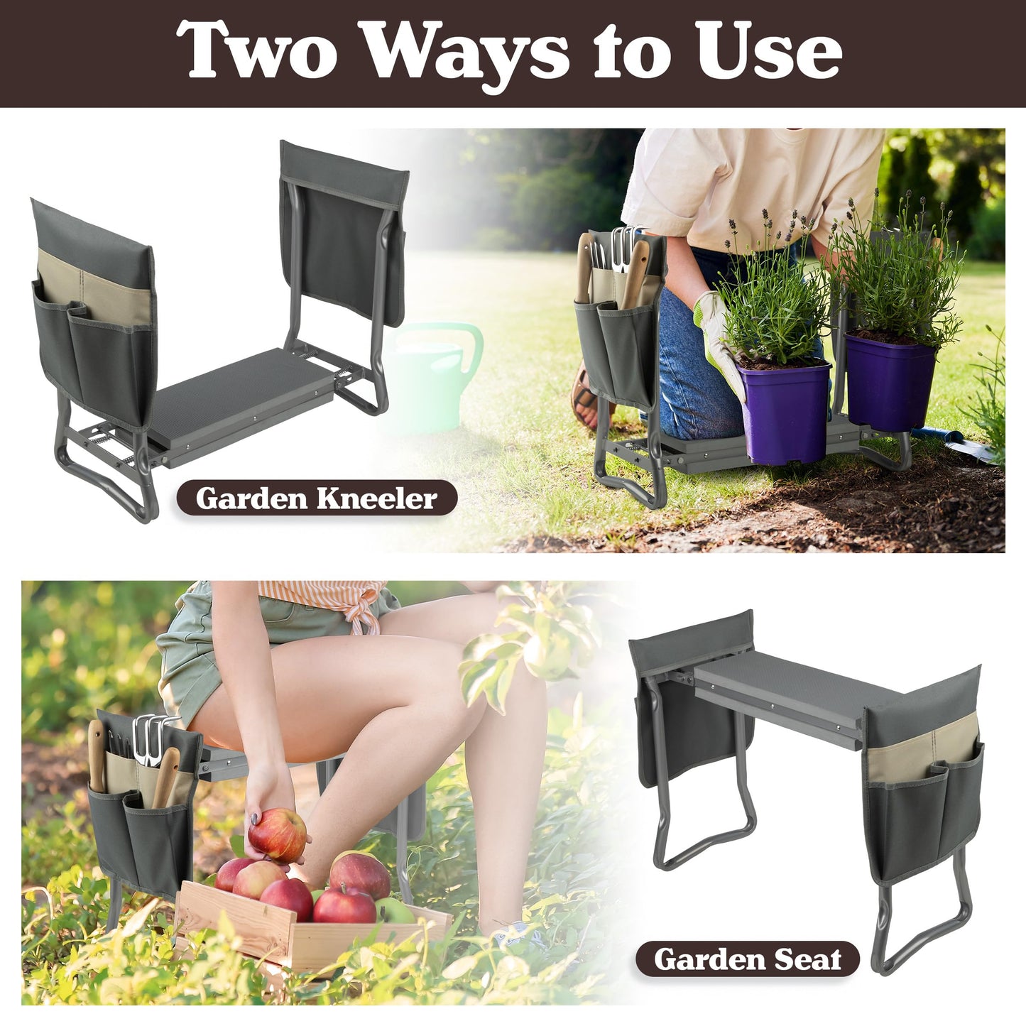 Pure Garden Garden Kneeler and Seat - Kneeling Pad Garden Stool with Tool Pouches - Gardening Gifts for Mom, Dad, Seniors, or Grandparents (Gray)