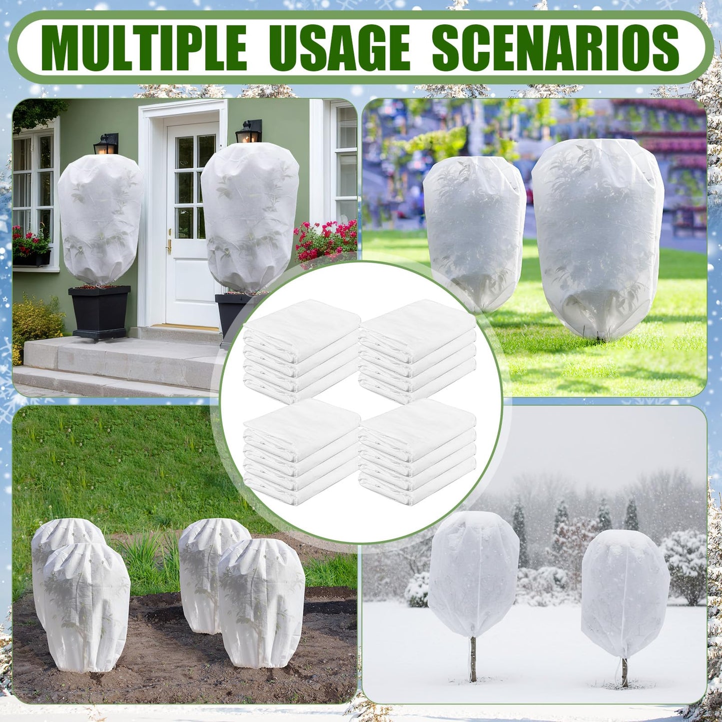 SATINIOR 16 Pcs 32 x 47 Inch Plant Covers Freeze Protection, Reusable Plant Protector Frost Cloth Warm Blankets, Winter Bush Tree Cover with Drawstring Outdoor (White)