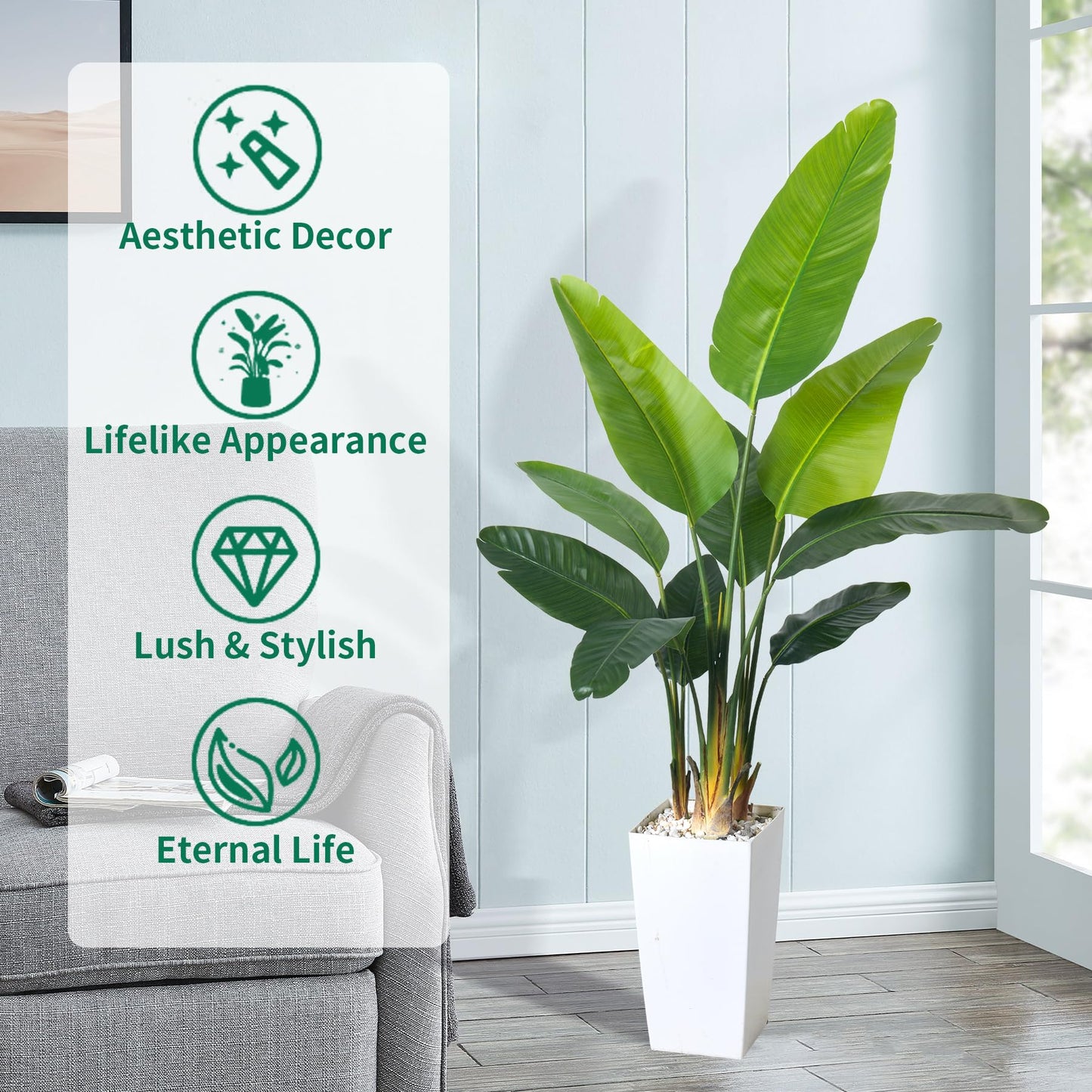 HAIHONG Bird of Paradise Artificial Plant 6FT, Faux Tropical Palm Tree with White Tall Planter, Large Fake Plants in Pot for Home Office Living Room Decor Indoor