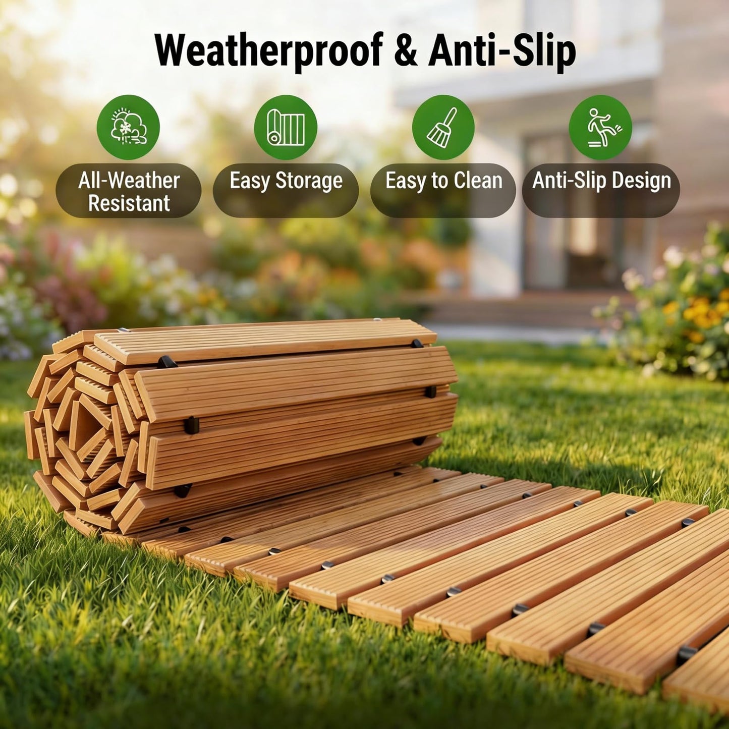 Wooden Garden Pathway Outdoor Walkway - 8 FT Roll Out Outdoor Pathway with Ground Stakes, Boardwalk Pavers for Outside Walkway, Non-Slip Garden Path for Backyard Decor, Lawn Landscaping, Natural