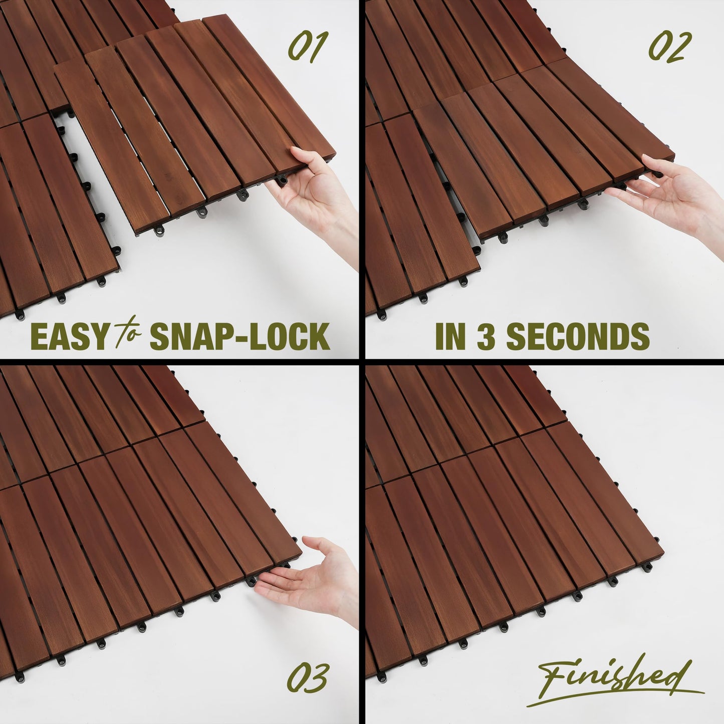GREEN ALLUVIUM Premium Acacia Wood Interlocking Deck Tiles, 12"x12"x0.9" Outdoor Patio Flooring, Waterproof All-Weather Use, 9 PCS, Dark Brown – Striped Pattern