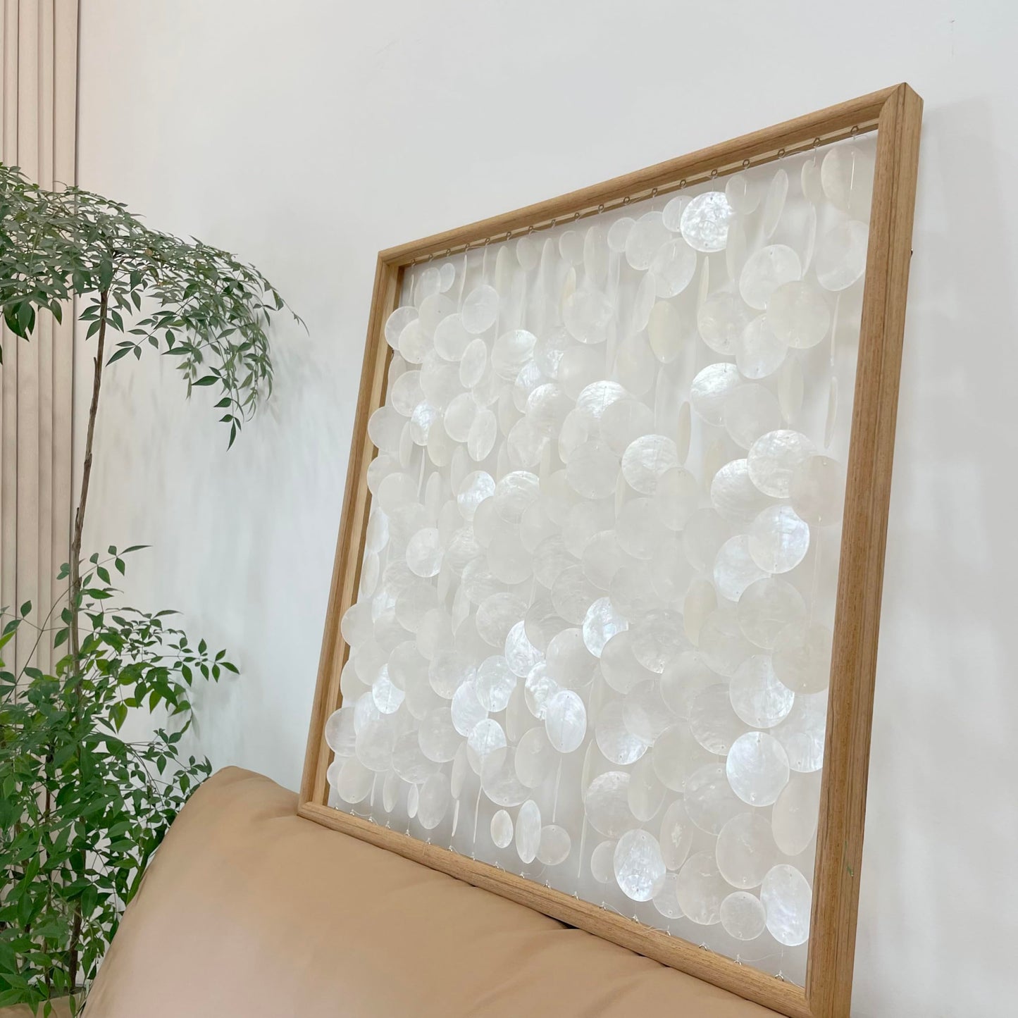 Bergamot 3D Handmade 24"x24" Capiz Shell Wall Hanging Decor, Solid Wooden Framed Coastal Wall Decor, Minimalist White Sea Shell Art for Living Room, Bedroom, Office