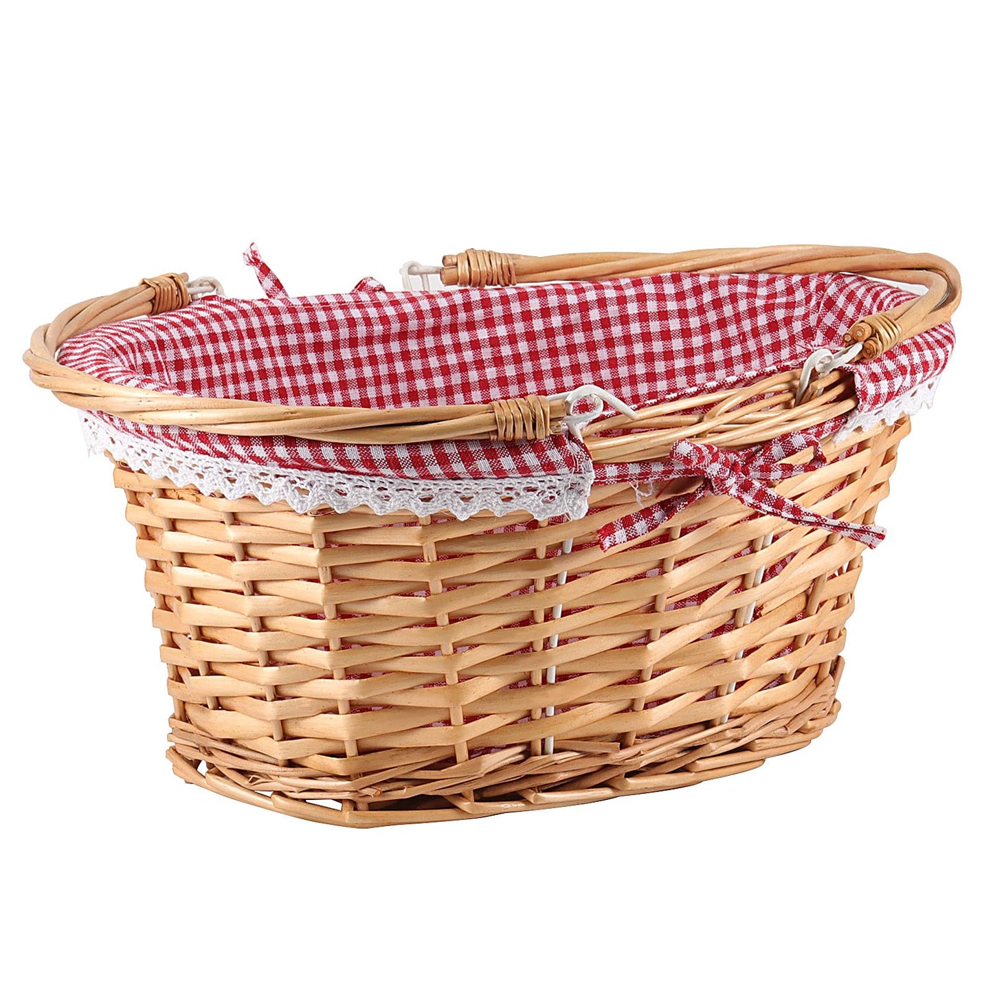 ZEONHEI Wicker Woven Basket with Double Folding Handles, Willow Picnic Hamper with Linen Cloth Lining for Easter Eggs, Candy Storage, Gift Packing, (Red, 14 Inch)