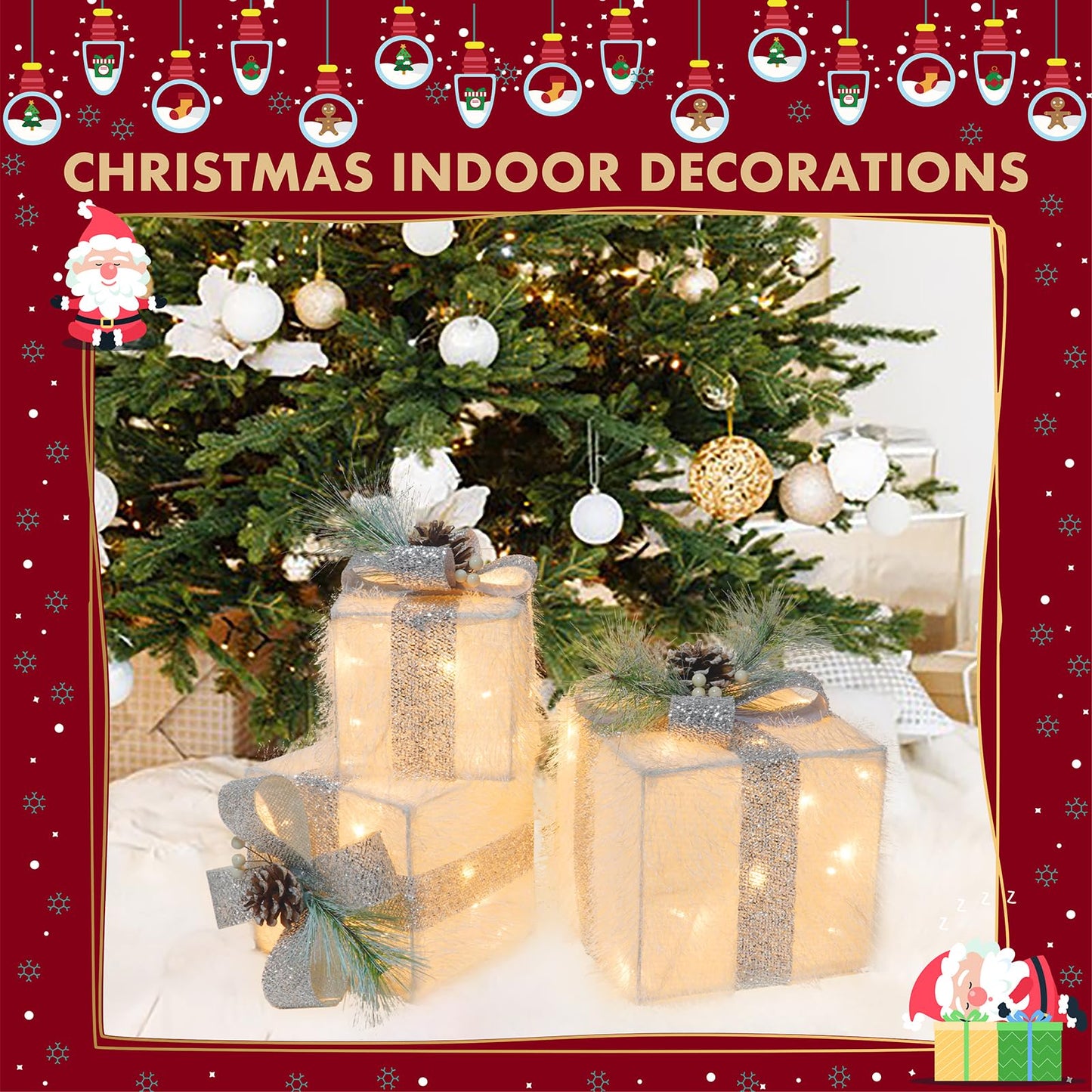 Set of 3 Christmas Lighted Gift Boxes with 60 LED Lights, Plug-in Holiday Decorations for Xmas Tree, Home, Indoor Outdoor Décor(Silver)