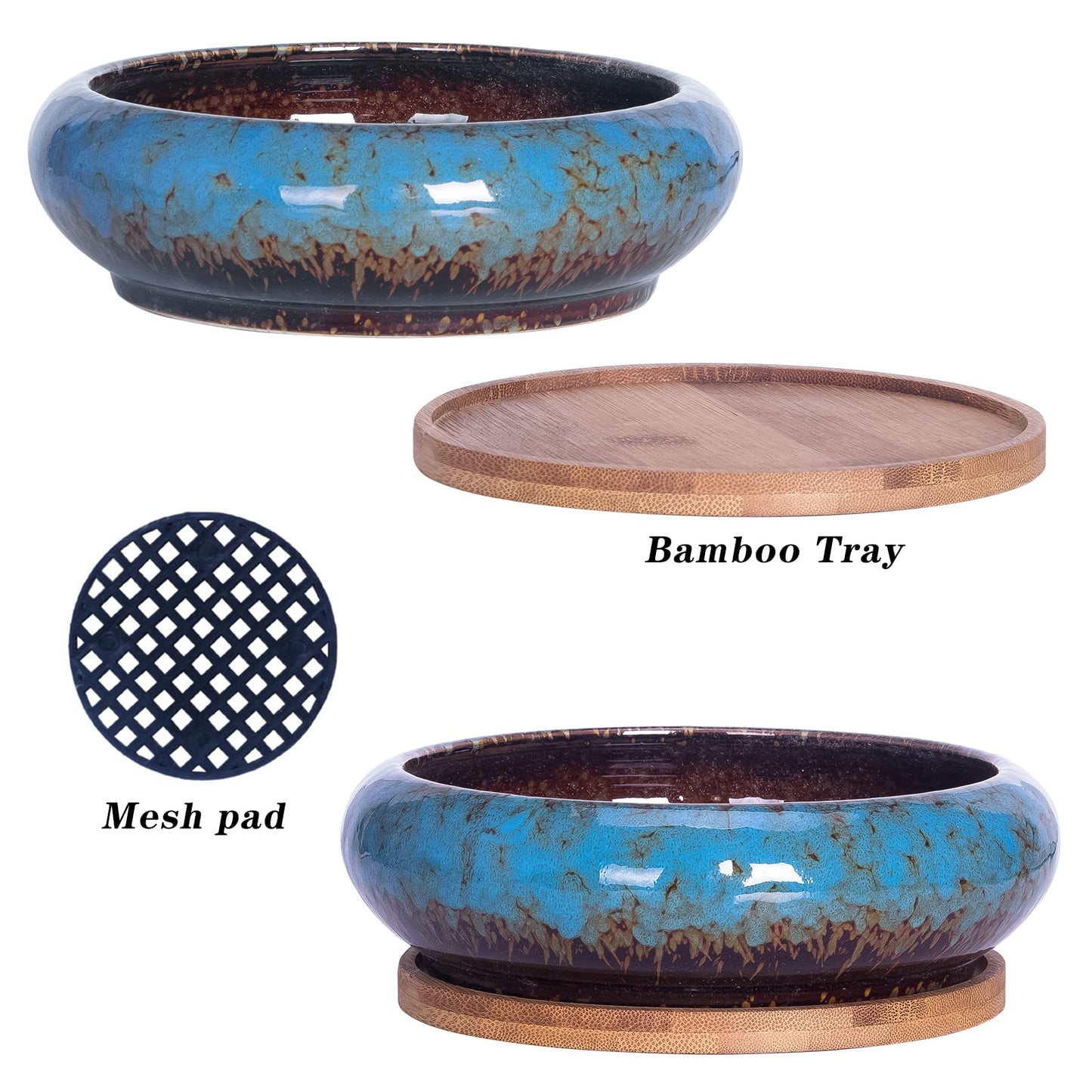 ARTKETTY Succulent Pots - 7.3 Inch Pack of 4, Shallow Bonsai Pots with Drainage, Tray & Bamboo Saucers, Ceramic Indoor Plant Pots for Succulent, Cactus, Flower, Herb