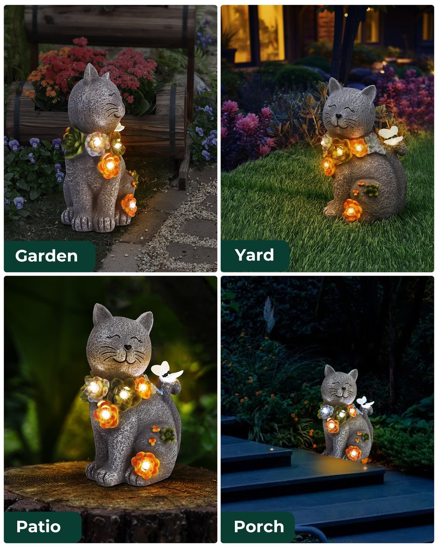 Vuees Solar Garden Statues Outdoor Decor, 6 LED Cat Flowers Butterfly Figurine Lights, Waterproof for Balcony Patio Porch Lawn Yard Ornament Art - Gift Ideas for Housewarming Gardening Grandma Women