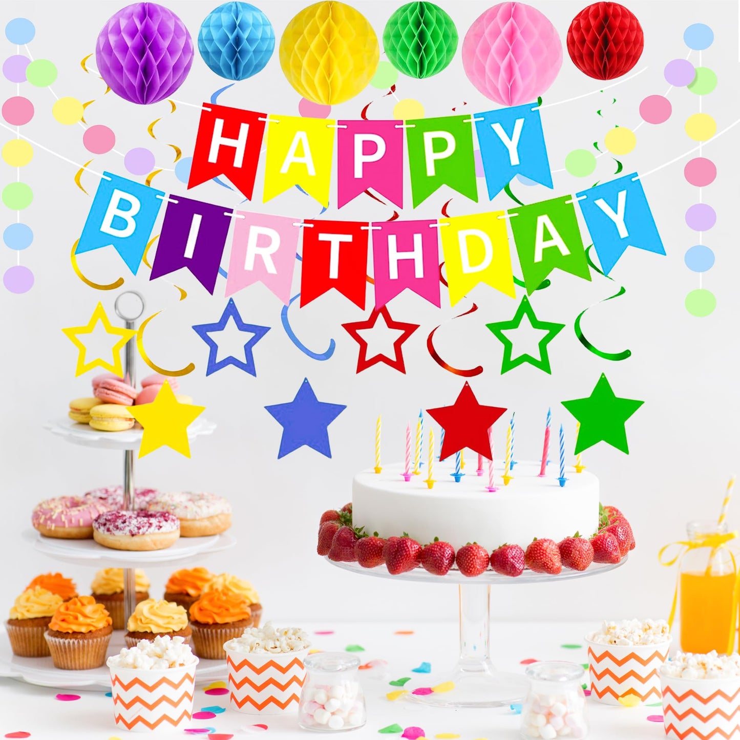 XXFBJNMD Colorful Birthday Banner with Honeycomb Balls, Stars, Swirl Streamers, Circle Dots Garland for Birthday Party