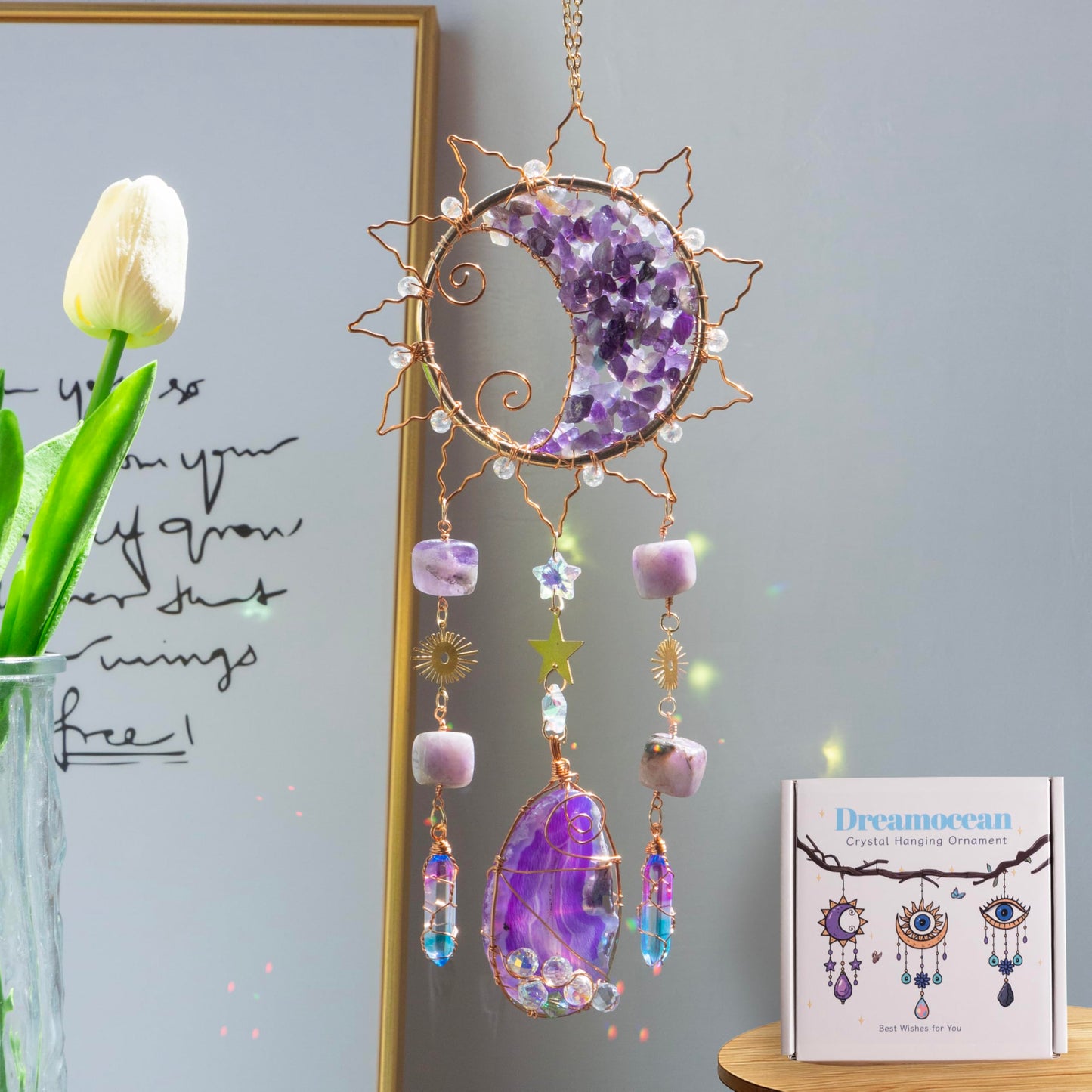 Amethyst Crystal Suncatchers for Windows Hanging Decor Rainbow Sun Catcher for Car Light Catcher Window Wall Garden Outdoor Decoration(Purple)