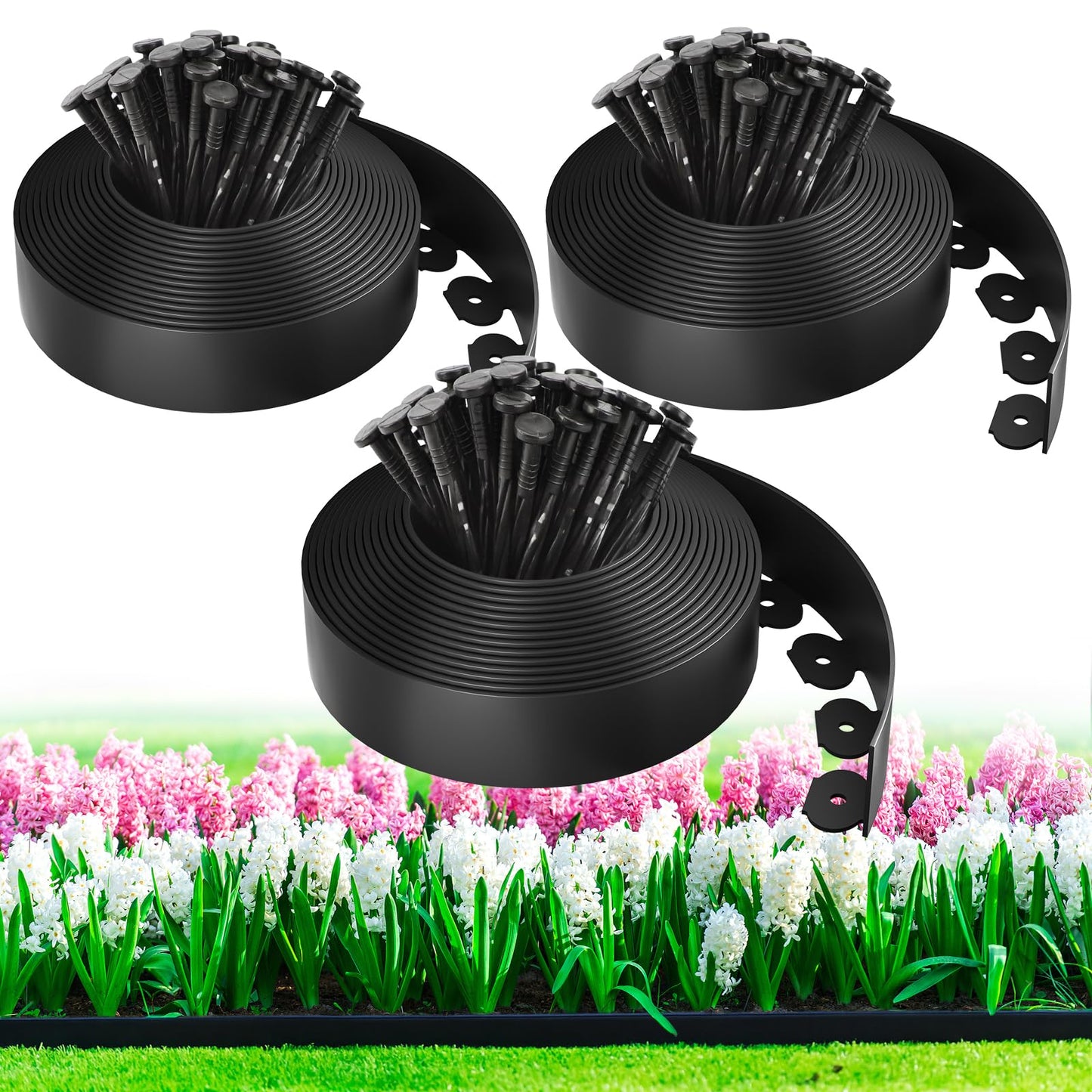 100ft,1.5in Tall Landscape Edging Kit with 150 Spikes, Not Digging Flexible Plastic Edge Border for Landscaping, Lawn, Garden, Flower Beds, Yard, Paver, Playground, Fence, Pathway,3pack, 33ft Each