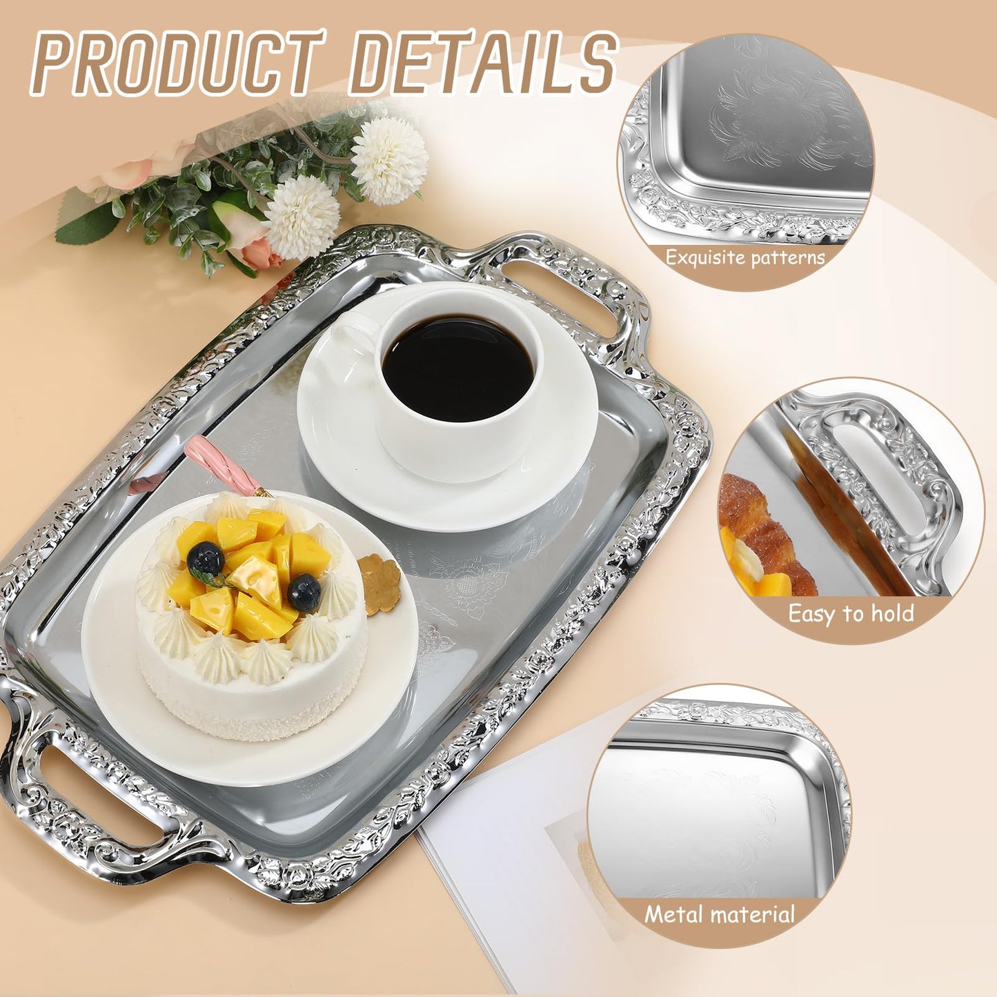 STOBAZA Silver Serving Tray, Metal Coffee Table Ottoman Tray with Handles, Rectangle Butler Plate for Breakfast in Bed, Table Decor - 15.3X9X0.67inch