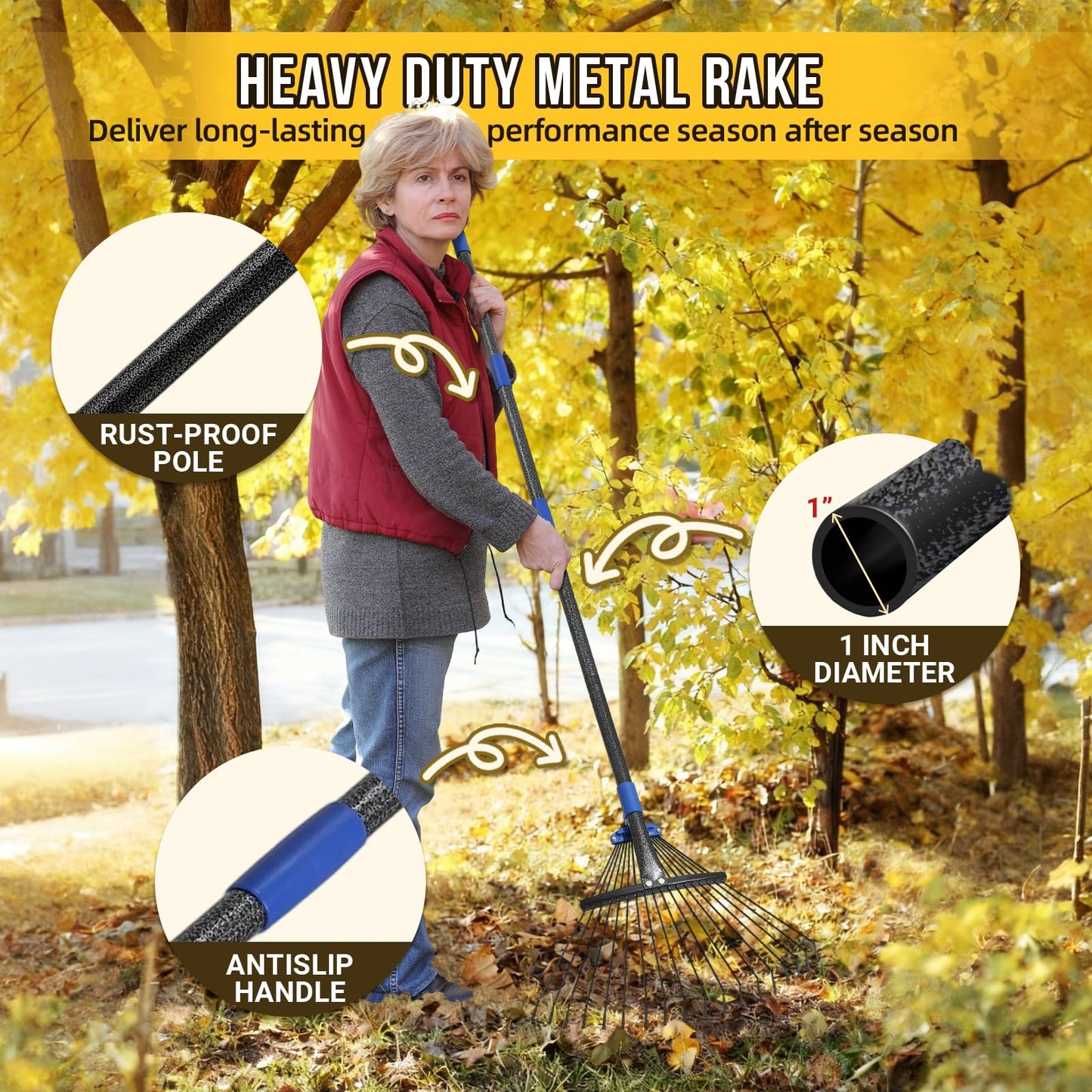 Adjustable Leaf Rake, Heavy Duty Metal Rake for Leaves, Long Handle 30"-75" with Expandable Head 8"-17", Collapsible Small Rakes for Lawns, Gardening, Yard, Camping, Shrub, Grass, Bush, Weed, Debris