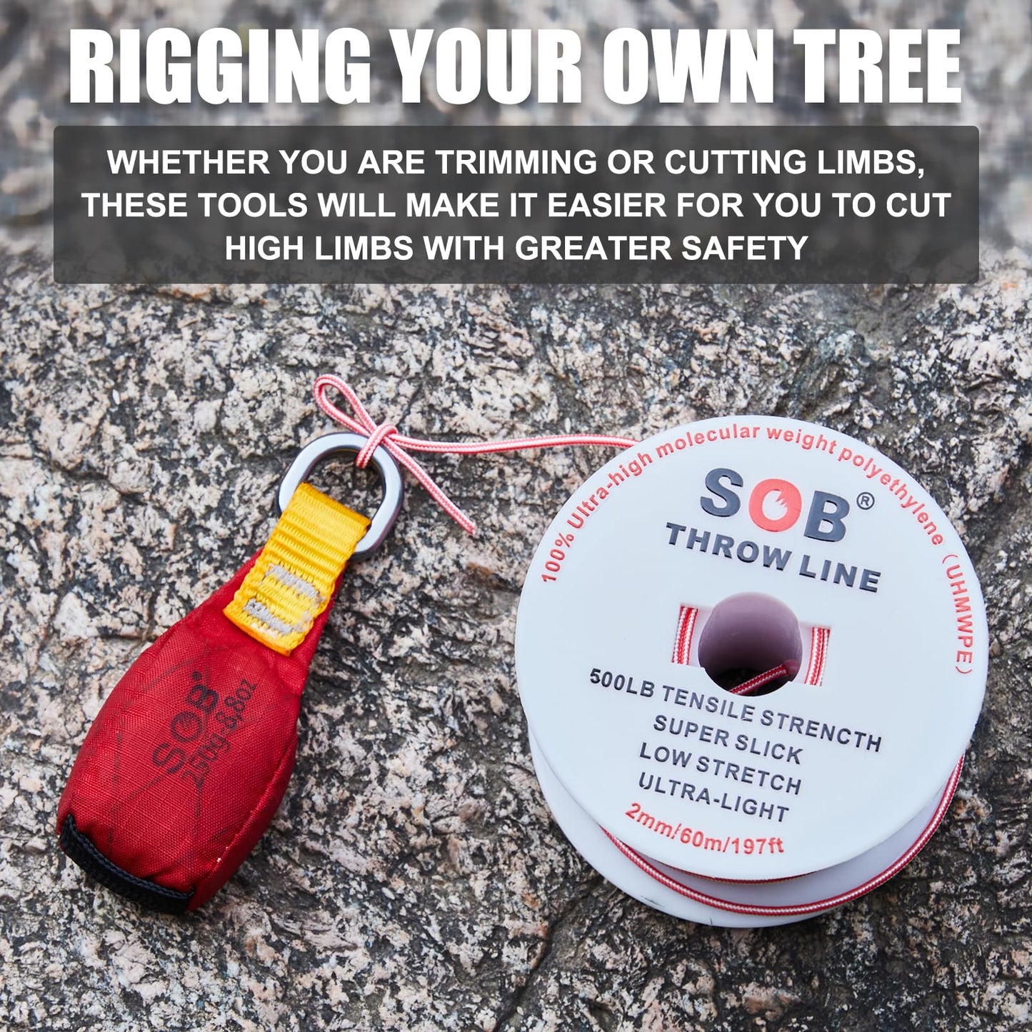 SOB Arborist Throw Line Kit with Slick Rope 197FT, Throw Weight, Reflective Storage Bag, Suit for Tree Cutting,Camping, Trimming, Hanging Swing ﻿ (197FT Rope with 8.8Oz Throw Bag)