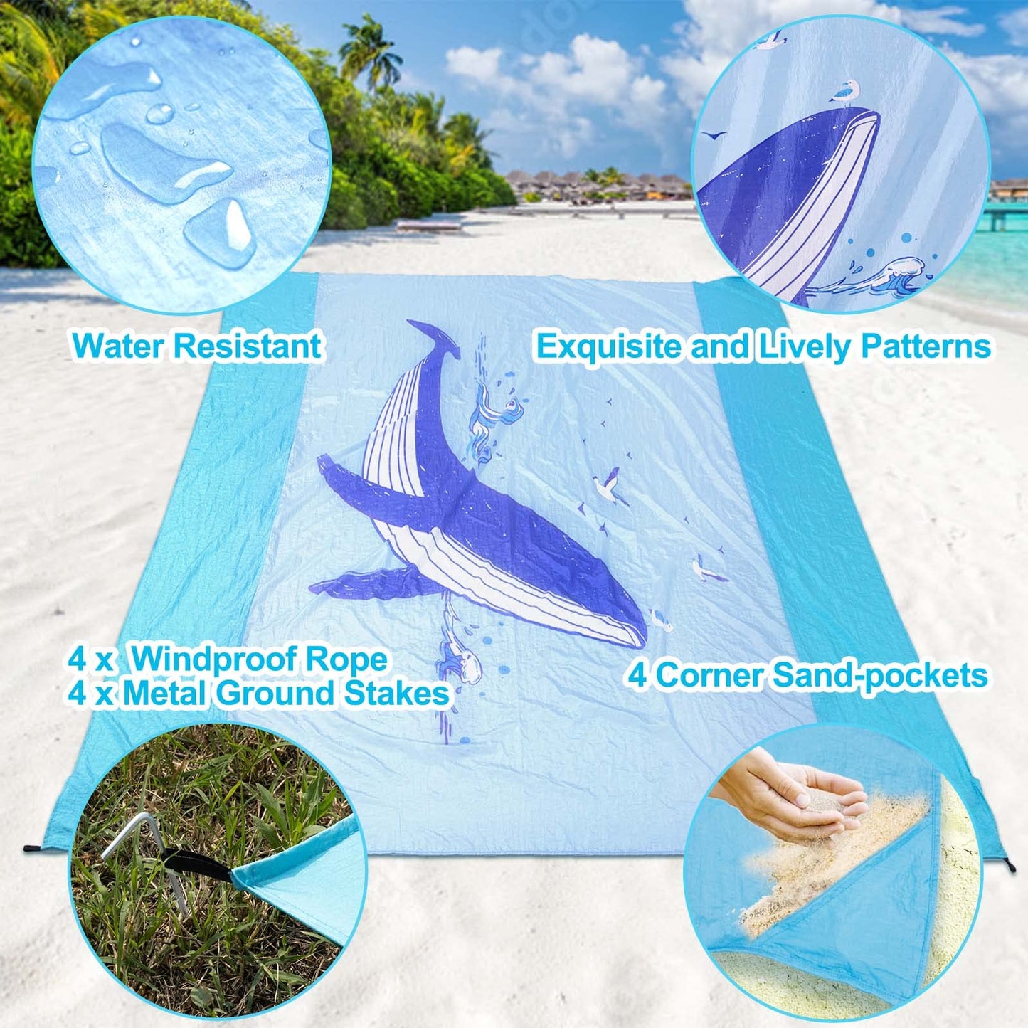 Extra Large Sandproof Beach Blanket 81" x 106", Waterproof Nylon Beach Mat, Lightweight Foldable Picnic Blanket with Corner Pockets & Stakes, Quick Dry Outdoor Blanket for Beach, Camping, Travel