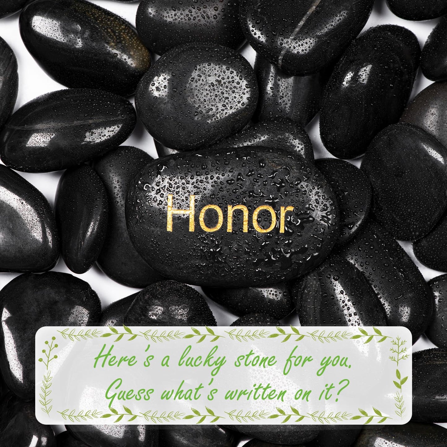 Ausluru 20 lbs Polished Black River Rocks, Natural Decorative Stones for Indoor Plants, Vases & Fish Tank, Includes 1 Engraved Inspirational Rock, 1-2 Inch Decorative Pebbles for Garden Landscaping