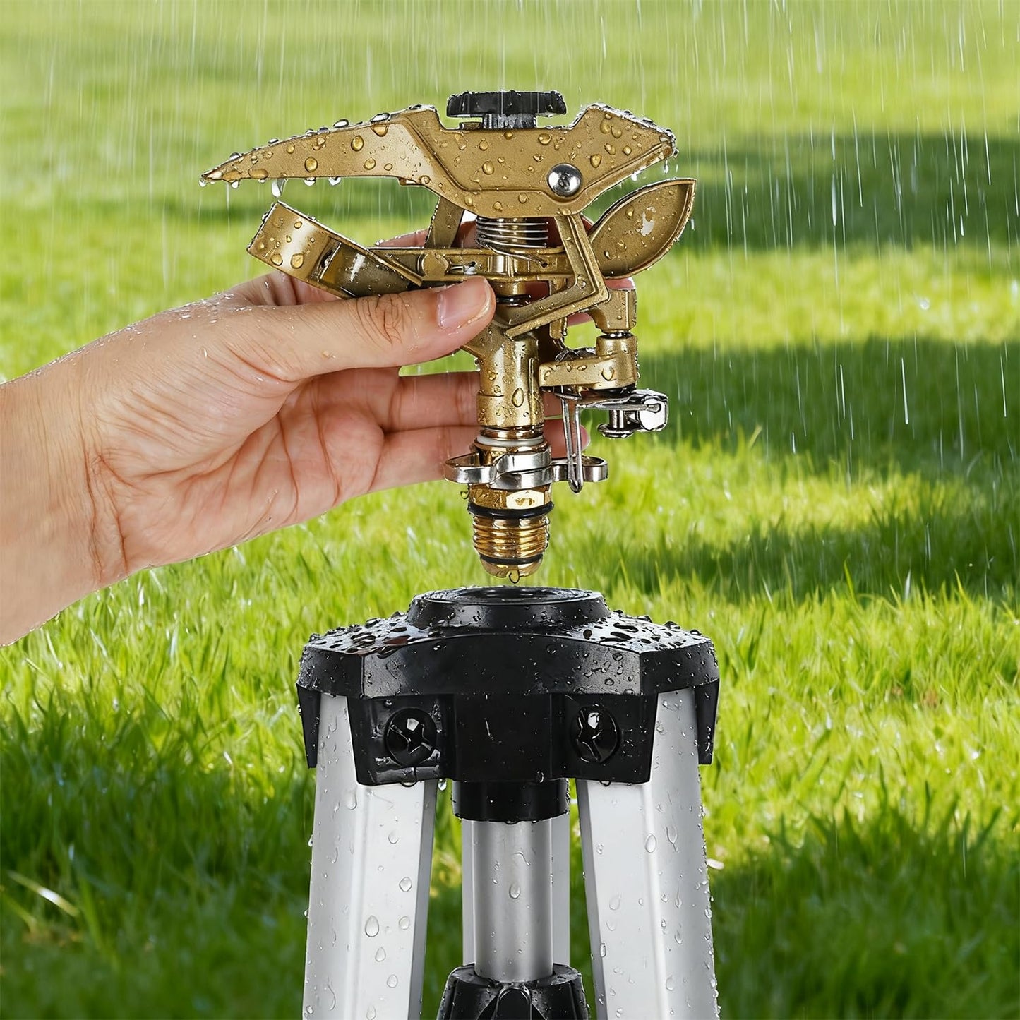 Biswing Large Impact Sprinkler Head on Tripod Base, Adjustable Zinc Alloy Lawn Sprinklers for Yard Lawn Garden, 3/4" NH Connector, 360 Degree Large Area Coverage Irrigator with Extension Legs, 1 Pack