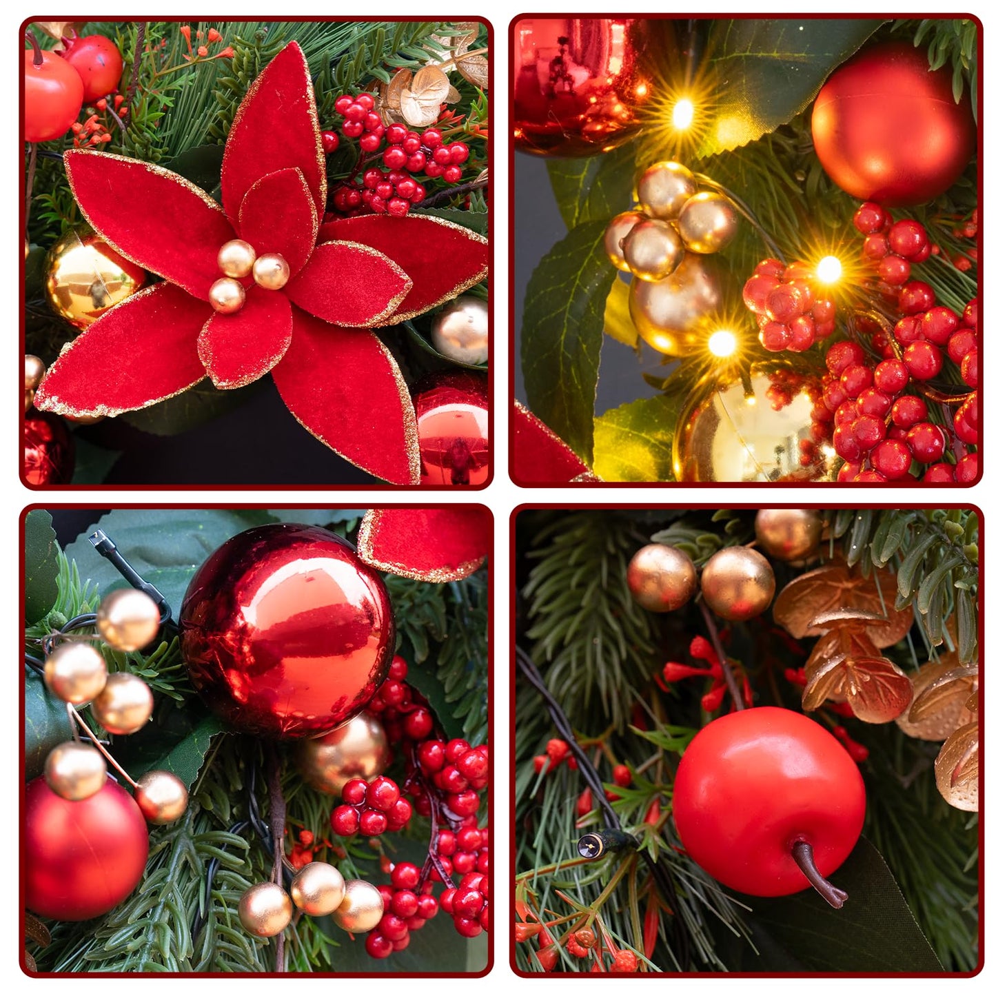Christmas Wreaths for Front Door- 24 Inch Outdoor Prelit Christmas Door Wreath with Lights, Lighted Xmas Wreath with Poinsettia Flowers,Red Berries,Golden Ball- Home Christmas Decorations