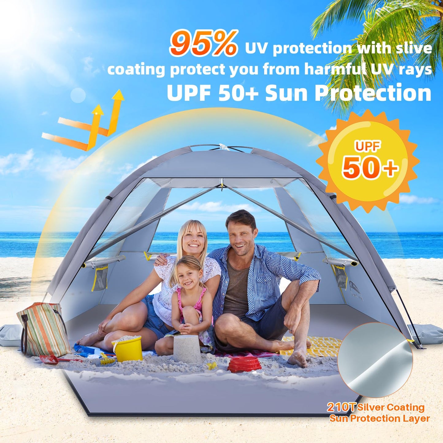Happy Travel Beach Tent Sun Shelter for 3/4/5/6/7/8 Person, Portable UPF 50+ UV Protection Beach Shade Canopy for Family & Baby, Lightweight & Easy Setup Beach Cabana with 3 Ventilation Mesh Windows