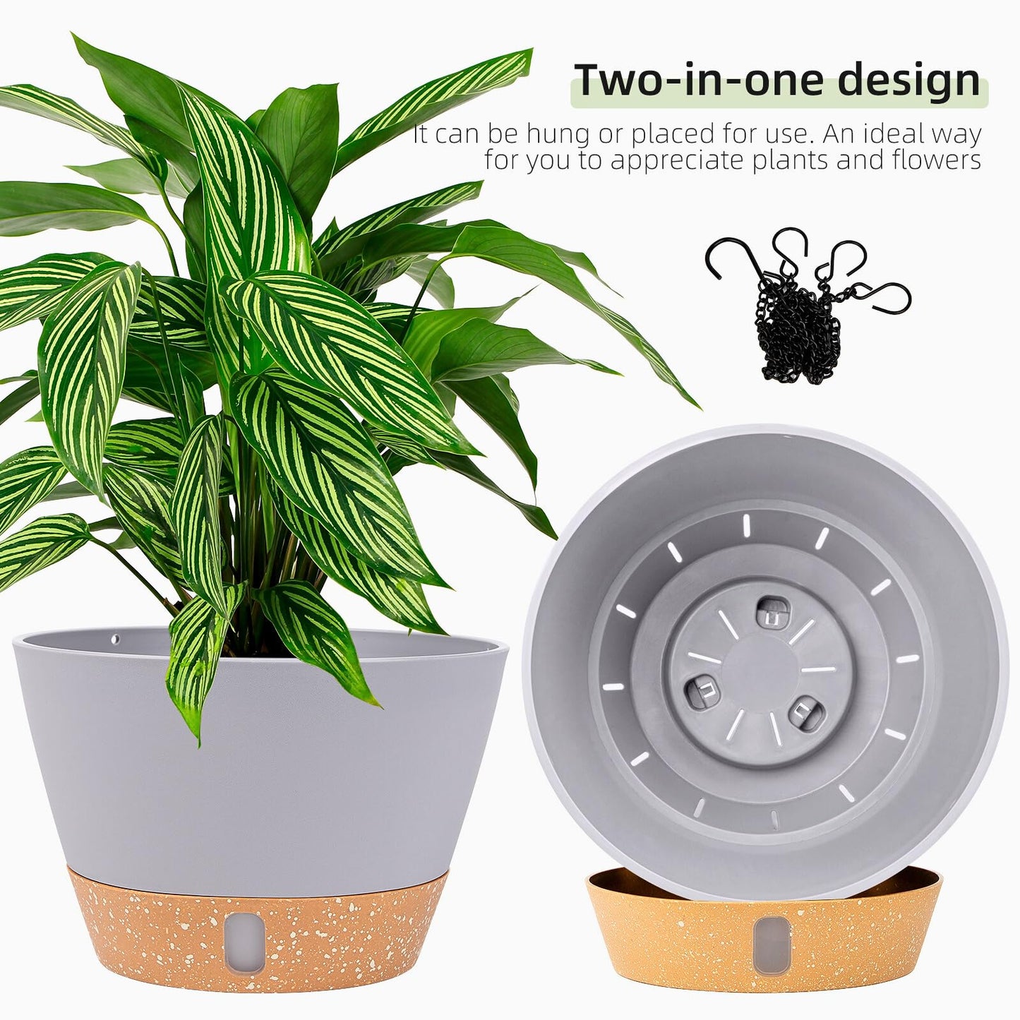 QCQHDU 2 Pack Hanging Planters for Indoor Outdoor Plants, 8 Inch Hanging Baskets Flower Pots with Reservoir Tray & Visible Water-Level