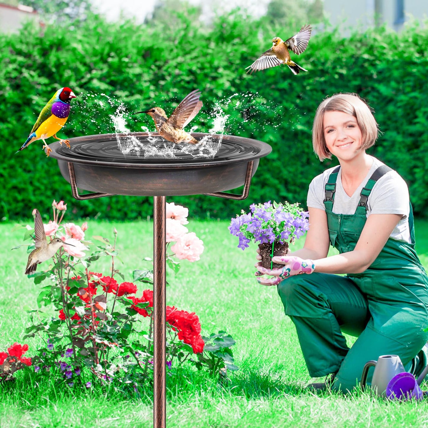 KHayRovies Metal Bird Bath for Outside Garden Birdbath Bowl, 36.2" Height Freestanding Bird Feeders for Outdoors with 4 Prongs Base Stake, Standing Birdfeeders for Yard Lawn Decor (Retro Copper)