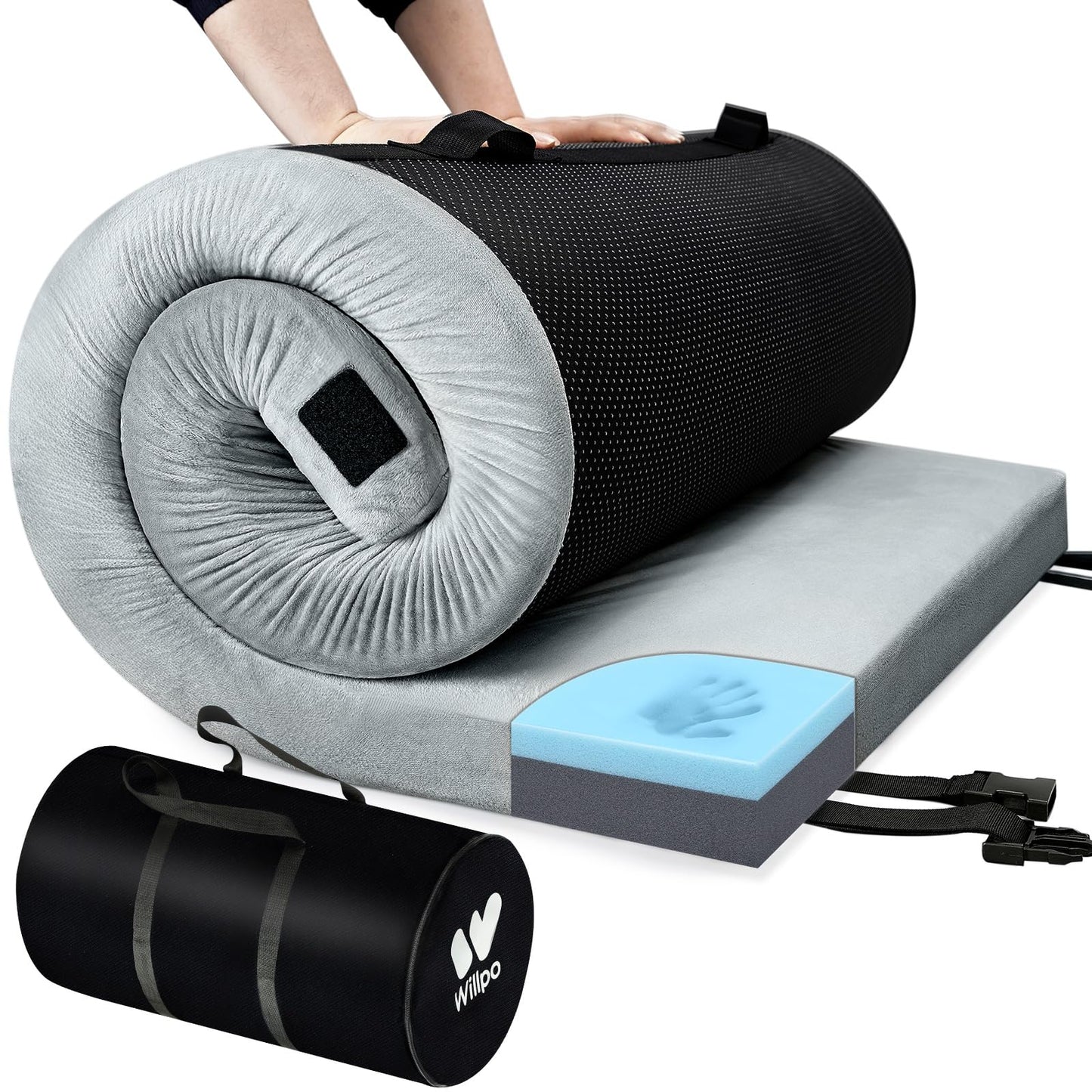Willpo CertiPUR-US Memory Foam Camping Mattress - Dual Interchangeable Washable Covers Included, Lightweight Portable Sleeping Pad with Travel Bag for Tents, Guest Beds, Home - Gray, Single