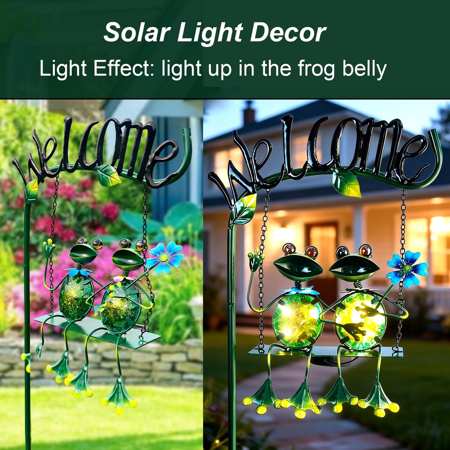 HONGLAND Solar Lights Outdoor Waterproof, Frog Swing Garden Decor, Frog Decorative Stake with Welcome Sign Landscape Patio Yard Gifts for Women Mom (48 inch)