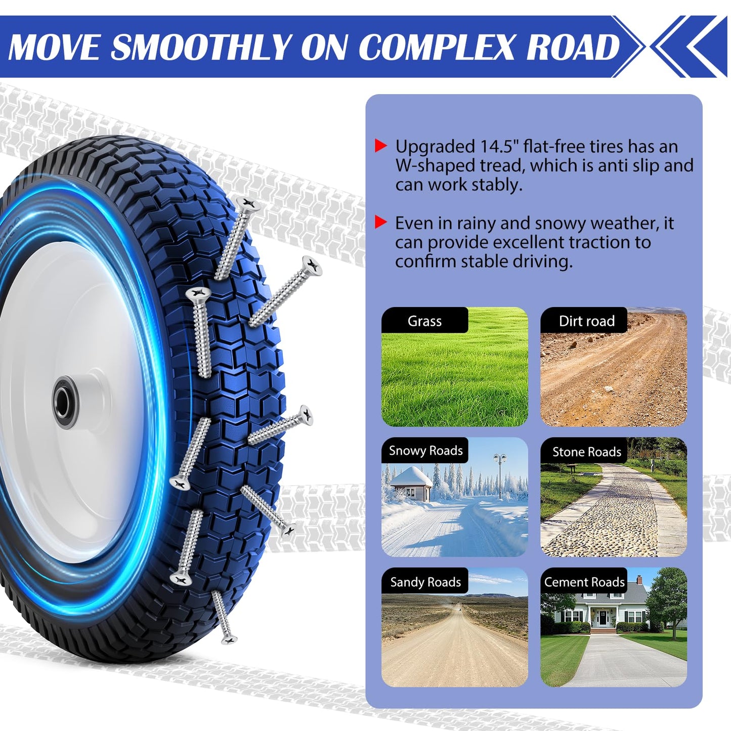 4.80/4.00-8 Tire, 14.5" Flat-free Solid Tire Wheels with 5/8" Axle Bore Hole, 3-7" Centered Hub, Universal Fit 4.80/4.00-8, 3.50/3.00-8, 4.00-6 Wheelbarrow Wheels(White, 1 Pack)