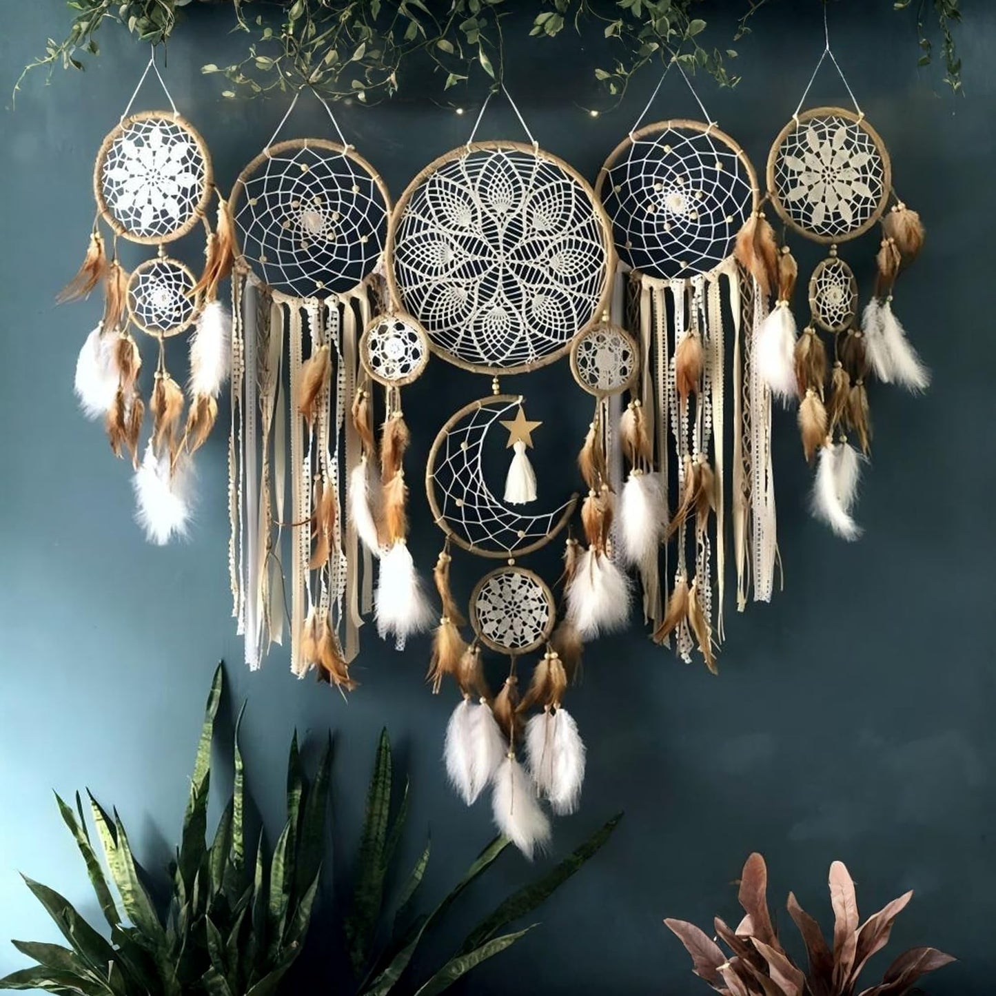 Dream Catcher Wall Decor,Large Boho Dream Catcher with Luxurious Feathers & Beads, Handmade Wall Hanging for Bedroom,Living Room, Gift Ready for Girls & Adults (Camel)