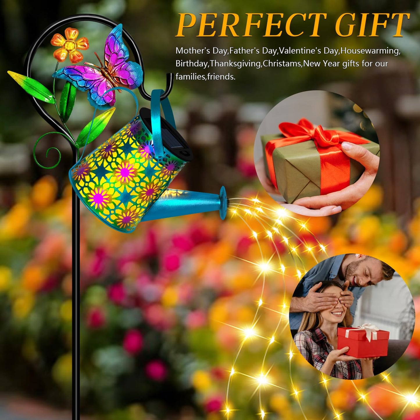 Solar Watering Can with Lights, Waterproof Solar Lantern with Butterfly Shepherd Hook, Hanging Garden Lights for Patio Yard Lawn Porch Outdoor Decoration, Unique Garden Gifts for Women Mom Birthday