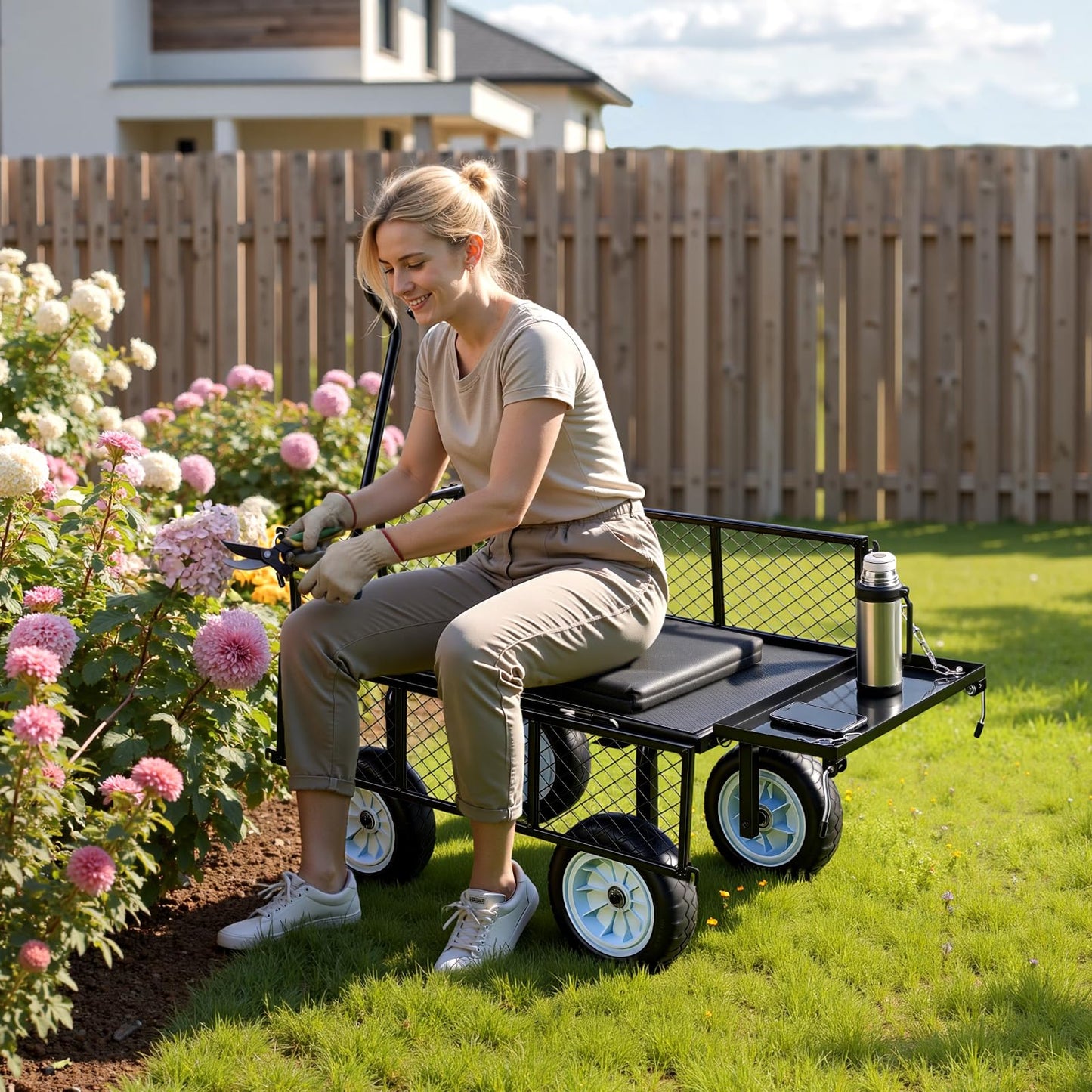 VEVOR 500 LBS Steel Garden Cart with Work Seat, Heavy Duty Garden Wagon Cart on Wheels, Outdoor Metal Utility Yard Wagon Gardening Stool with 10inch Flat Free Tires, Tool Tray & Adjustable Handle