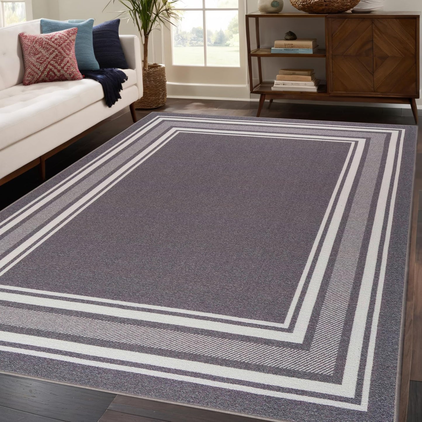 Beverly Rug Non Slip Area Rugs 5x7 Modern Bordered Non Skid Rubber Backing Soft Area Rug for Living Dining Room Easy to Clean Non Shedding Kitchen Bedroom Indoor Carpet 5 x 7 Gray