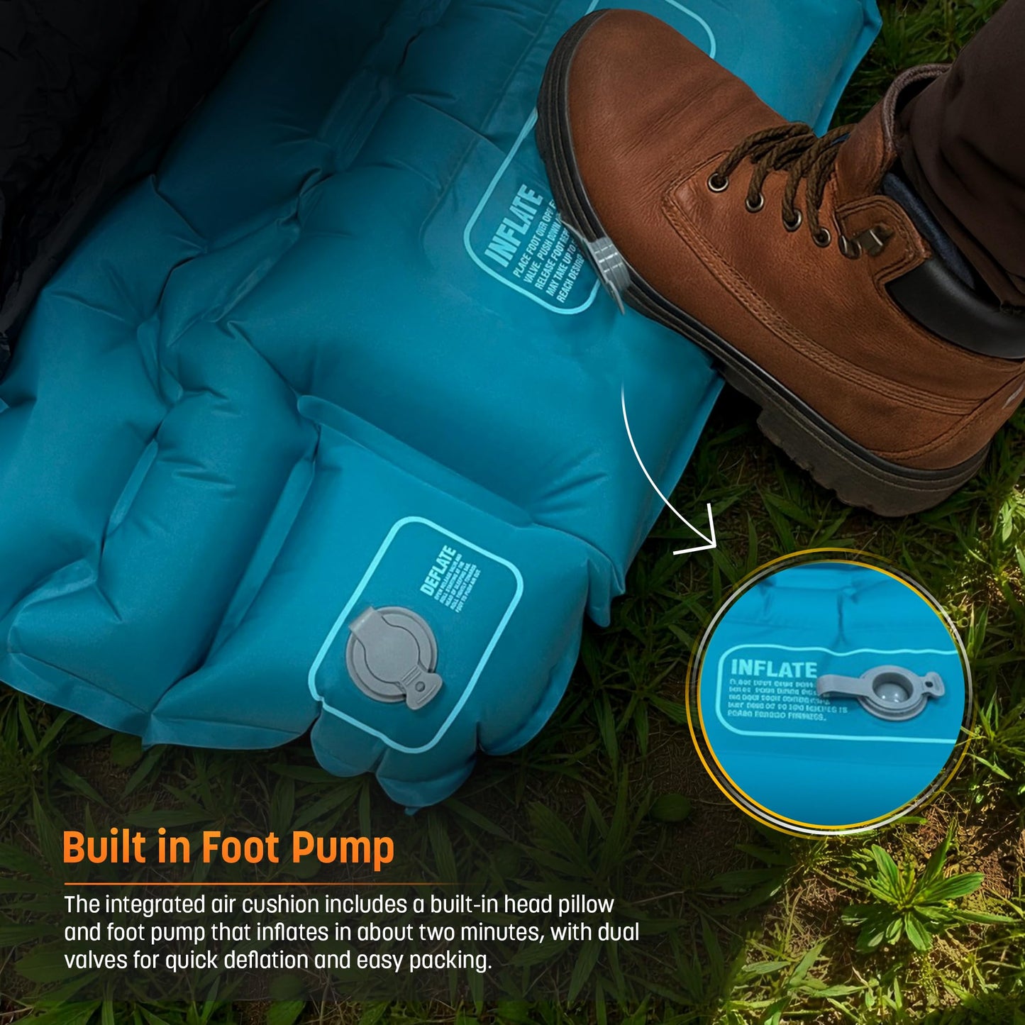 Rangland Sleeping Bag with Built-in Pad (AirPack Sleeper) - All-in-One Inflatable Sleeping Pad and Zip-Up Blanket for Camping with Built-in Foot Pump (Black/Green) 80"×30"