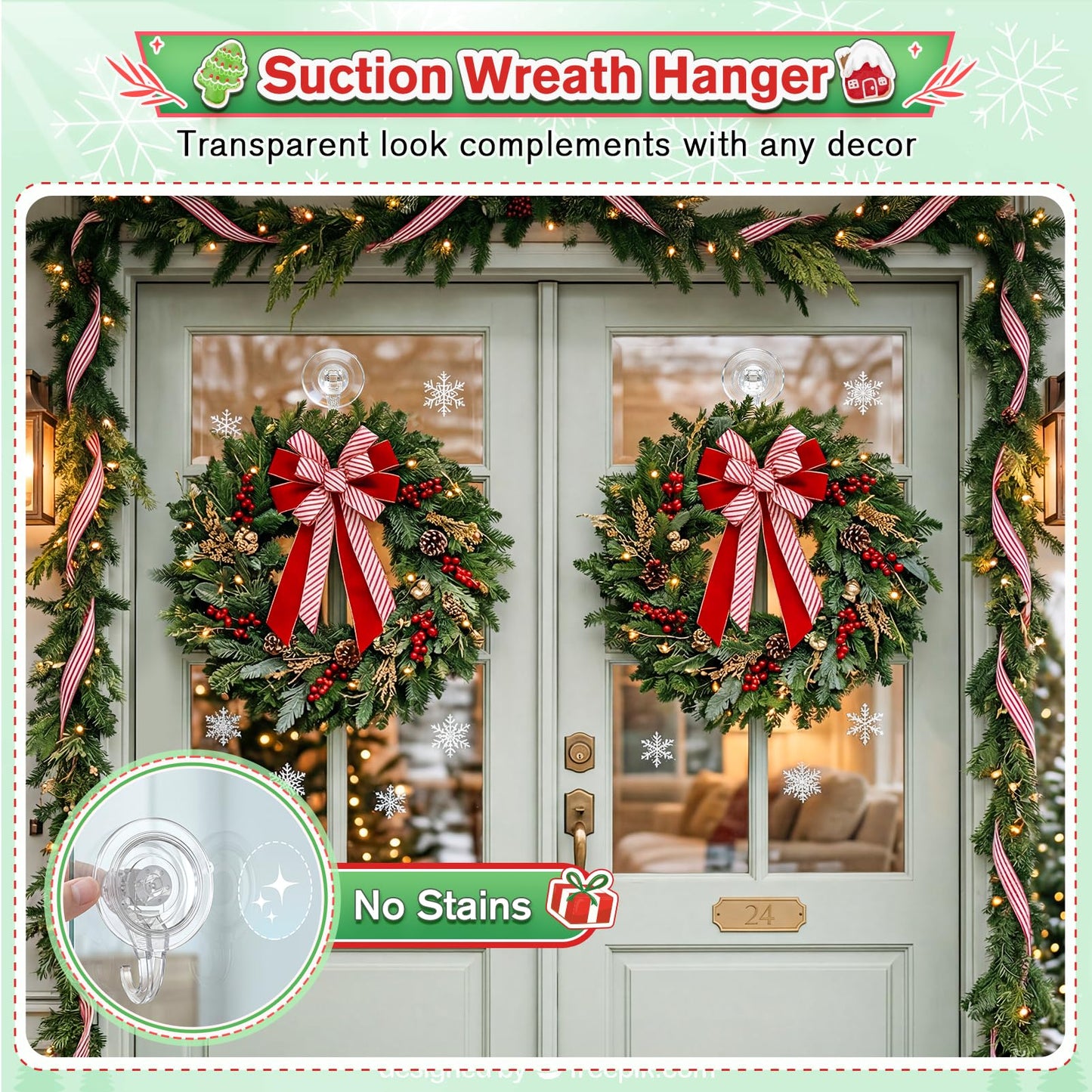 VIS'V Wreath Hanger, Large Suction Cup Wreath Hooks, Heavy Duty, 22 LB Capacity, Removable and Reusable, Clear, 2 Pcs