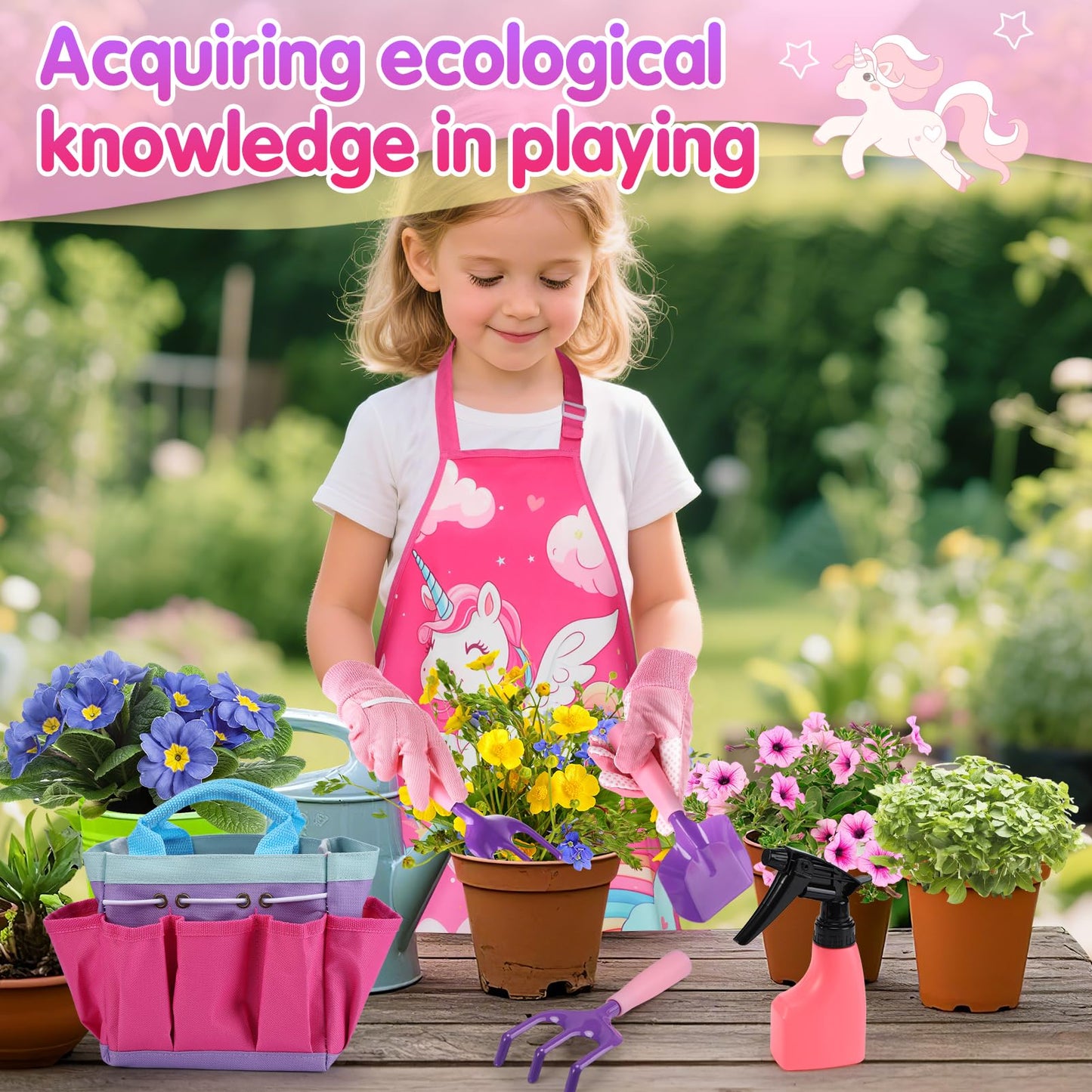 Kids Gardening Tool Set - Garden Tools for Kids with Shovel Trowel Rake Apron Gloves Watering Can and Tote Bag, Outdoor Toys Great Gifts for 3 4 5 6 7 8+ Years Old Girls (Unicorn Style)