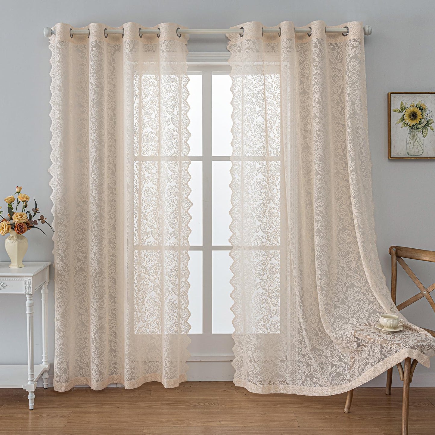 Anytime Beige Lace Sheer Curtain Panels for Living Room Elegant Window Treatment Sets Light Filtering Translucent Draperies for Office (2 Panels,W55 x L72inch)