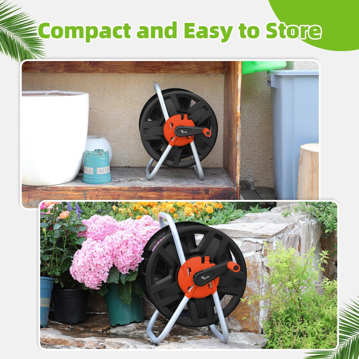 YESTAR Water Hose Reel Cart, Holds 60-80 Ft of 5/8 Inch Hose, Orange Wall Mounted Garden Hose Cart, Portable Hose Reel for Convenient Storage and Watering