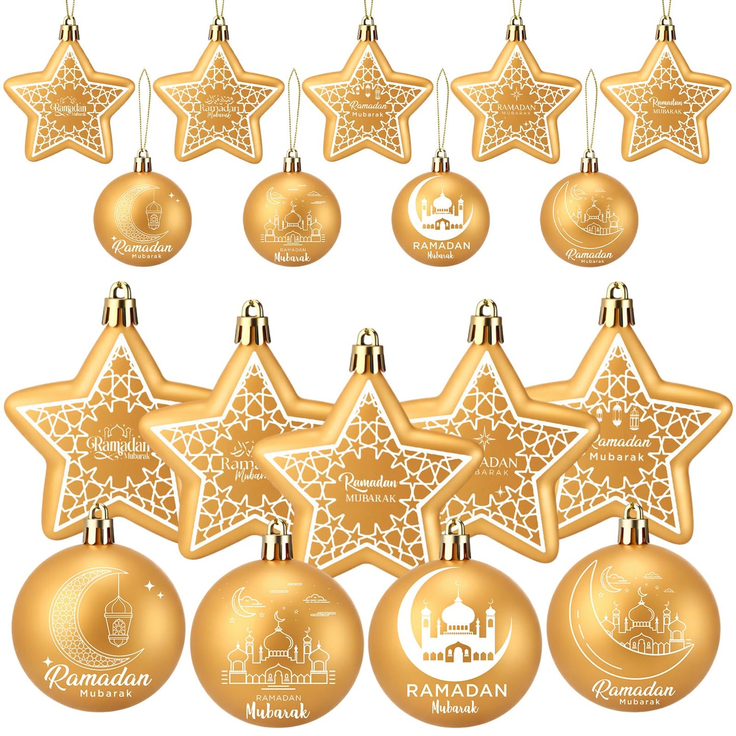 PullCrease 36 Pcs Eid Mubarak Decorations Ramadan Hanging Decorations Gold Moon Ornaments Plastic Eid Mubarak Hanging Balls Star Ramadan Islamic Decor for Home Window Islamic Muslim Tree Party Decor