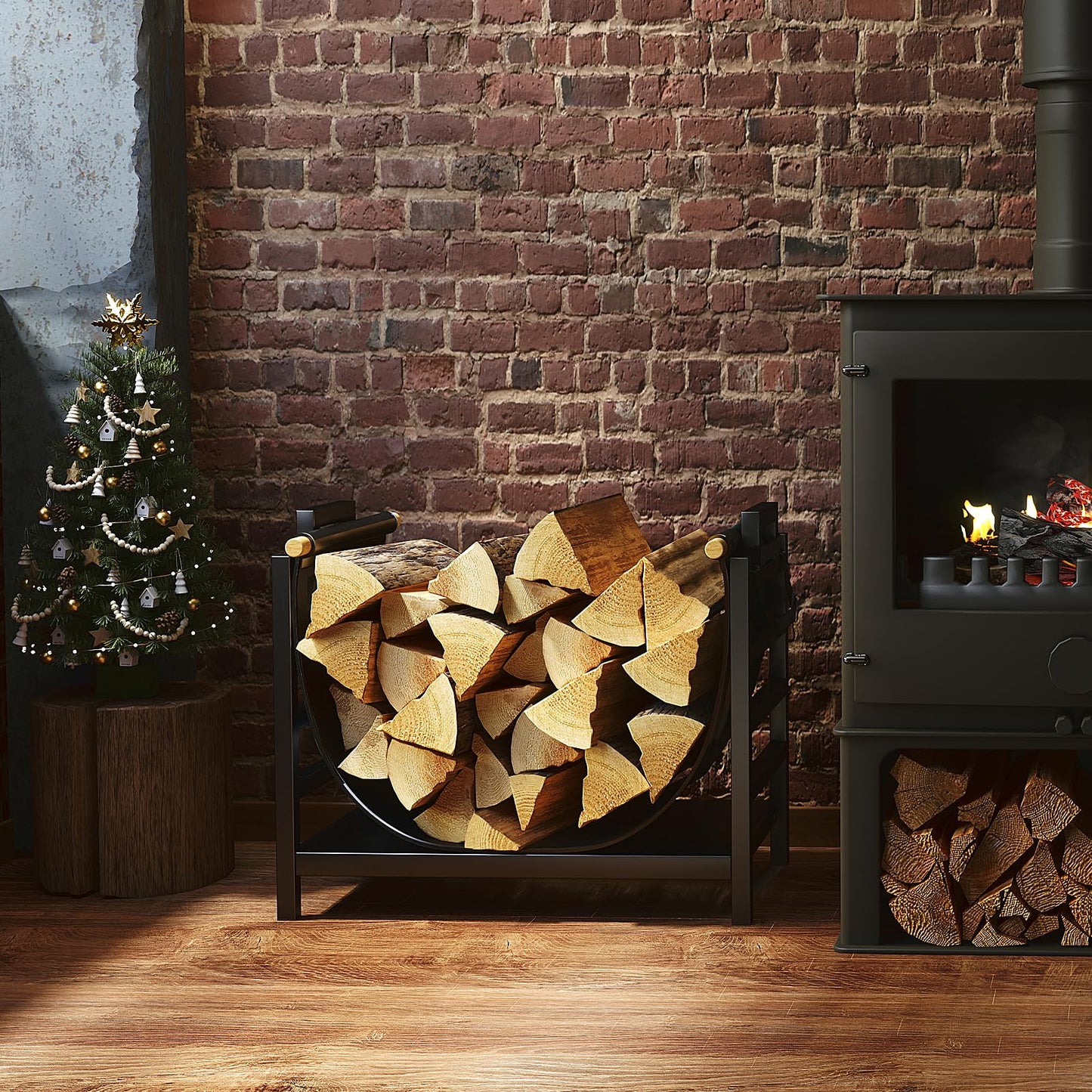 DOEWORKS Indoor Firewood Rack 18 Inch Fireplace Log Holder with Canvas Carrier