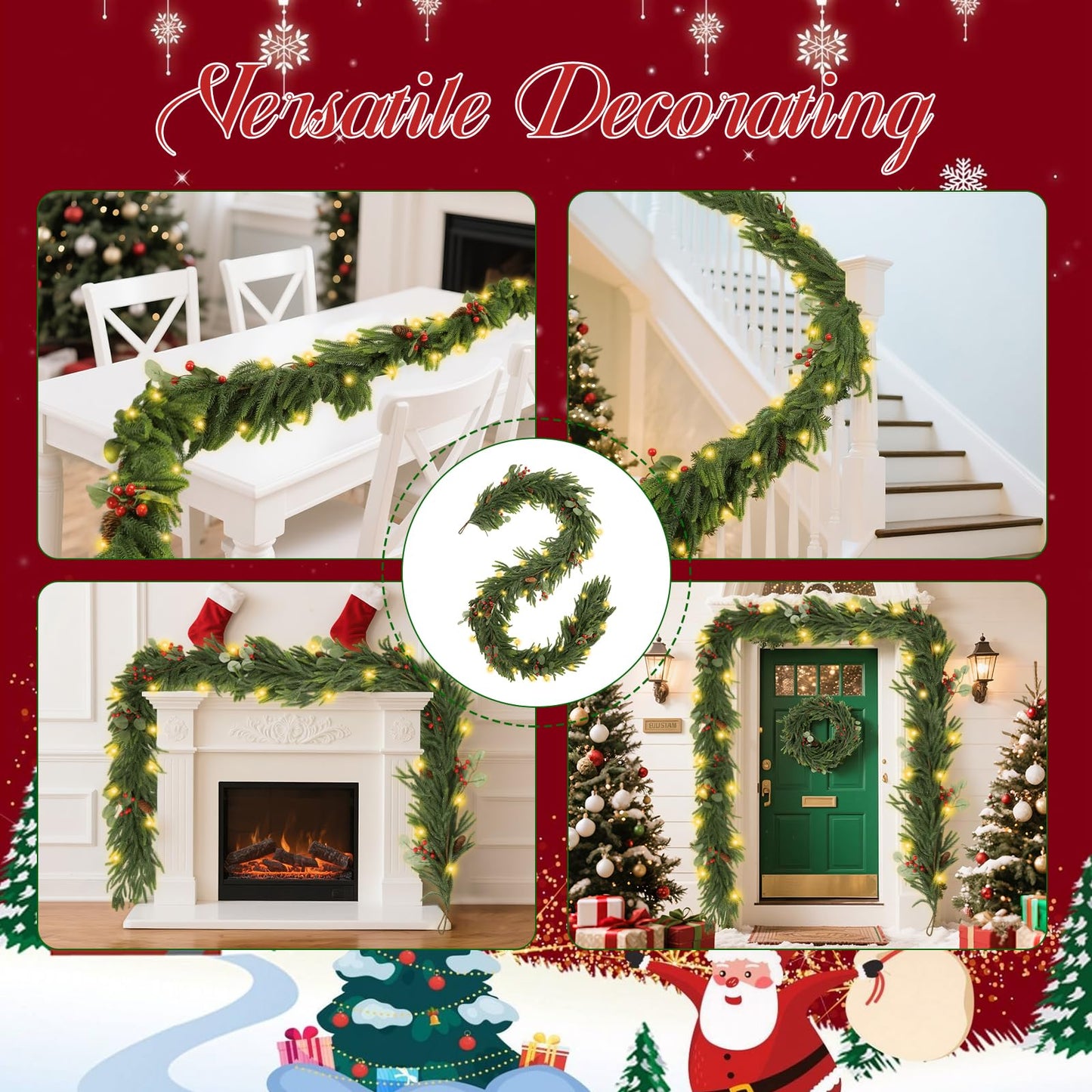 9FT Garland with 7 Modes LED Light, 9 True Pinecones&Red Cones&Eucalyptus Leaves, Norfolk Pine Garlands for Festivals Day, Wall, Indoor, Outdoor Holiday Winter Decorations