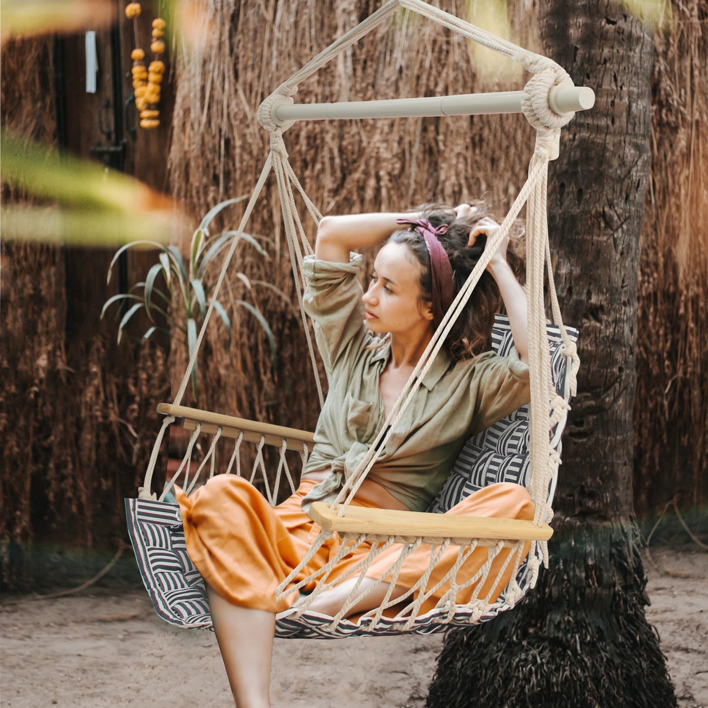 [Upgraded] Hammock Chair Hanging Swing with Wooden Armrests;Steel Spreader Bar and Anti-Slip Rings;Cotton Woven Fabric;Up to 300 Lbs for Bedroom,Patio,Porch,Deck-Indoor Midnight Blue Stripe