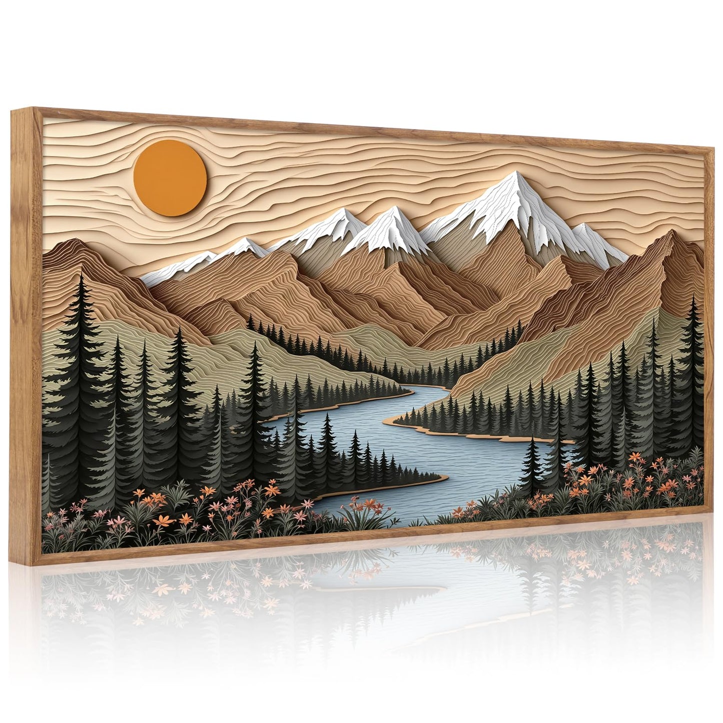 CHDITB Mountain Framed Wall Art, Long Horizontal Mountains Wall Decor, Sun Lake Pine Trees Nature Wall Painting, Modern Rustic Farmhouse Landscape Art Prints for Bedroom Office Decoration 20"x40"