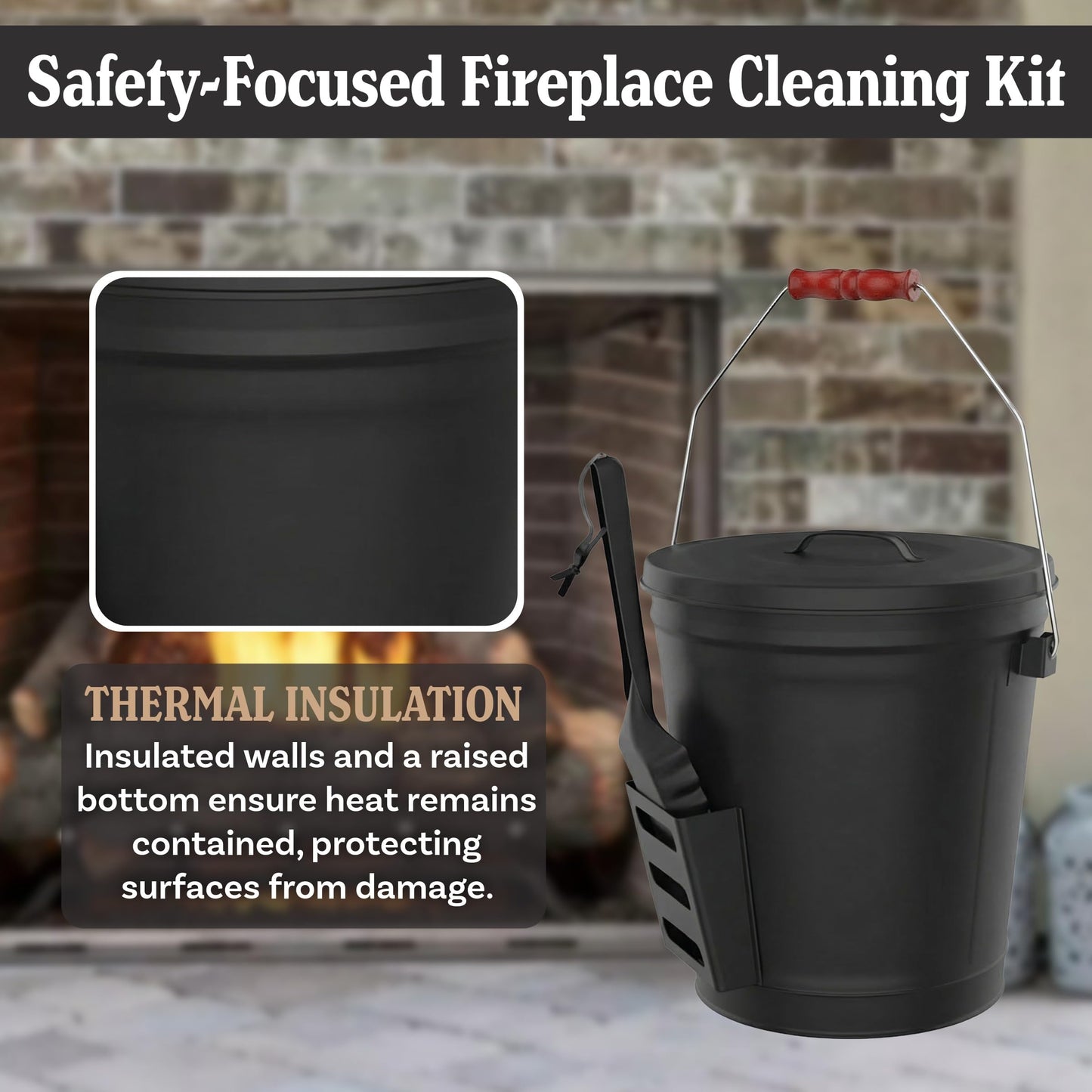 Ash Bucket - 4.75-Gallon Metal Bucket with Lid and Shovel for Fireplace or Firepit Ashes - Heat Resistant Fireplace Tools by Pure Garden (Black)