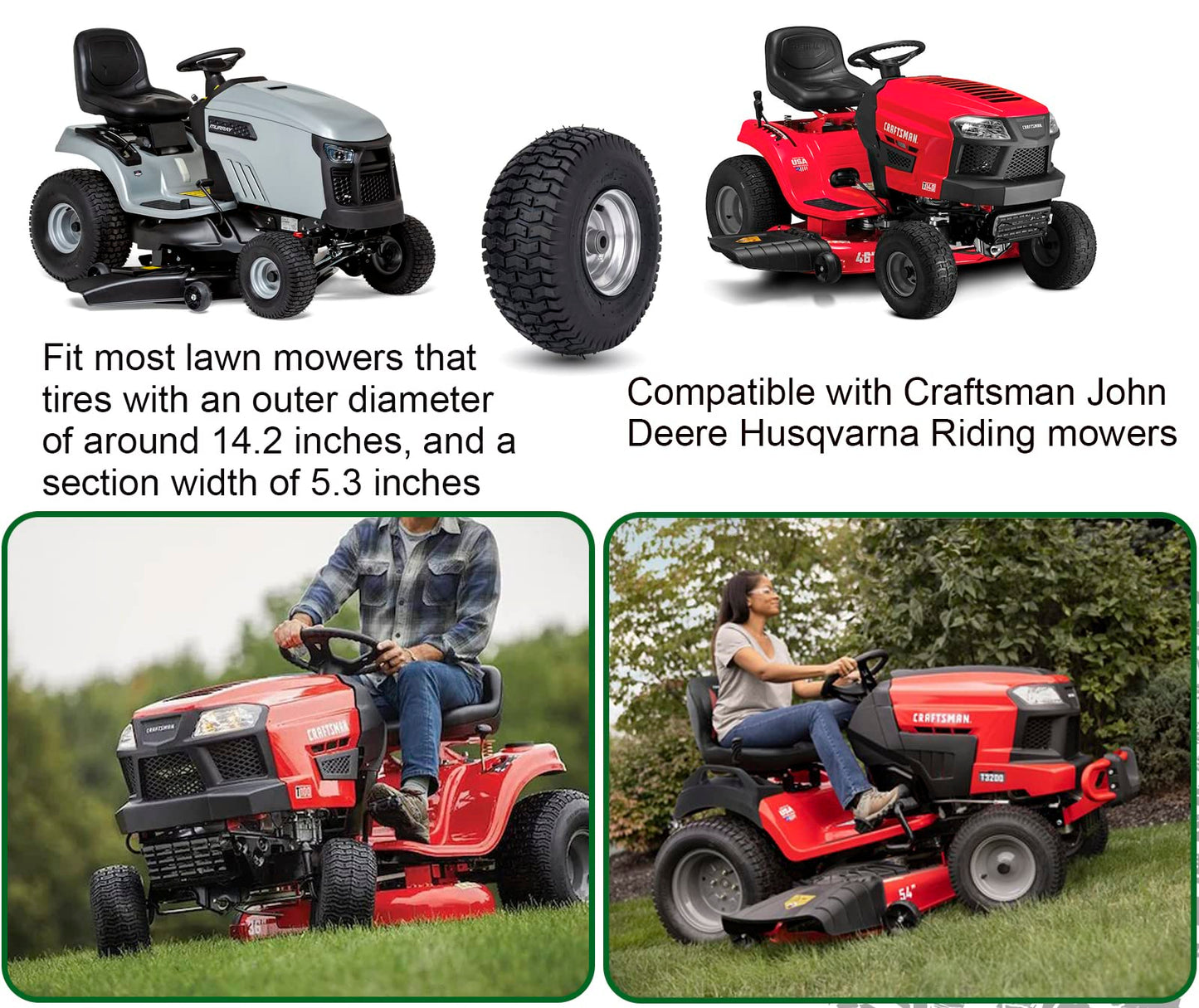 15x6.00-6 Lawn Mower Tire and Wheel Front Tire Compatible with John Deere Craftsman Husqvarna Riding Mowers Lawn Tractors