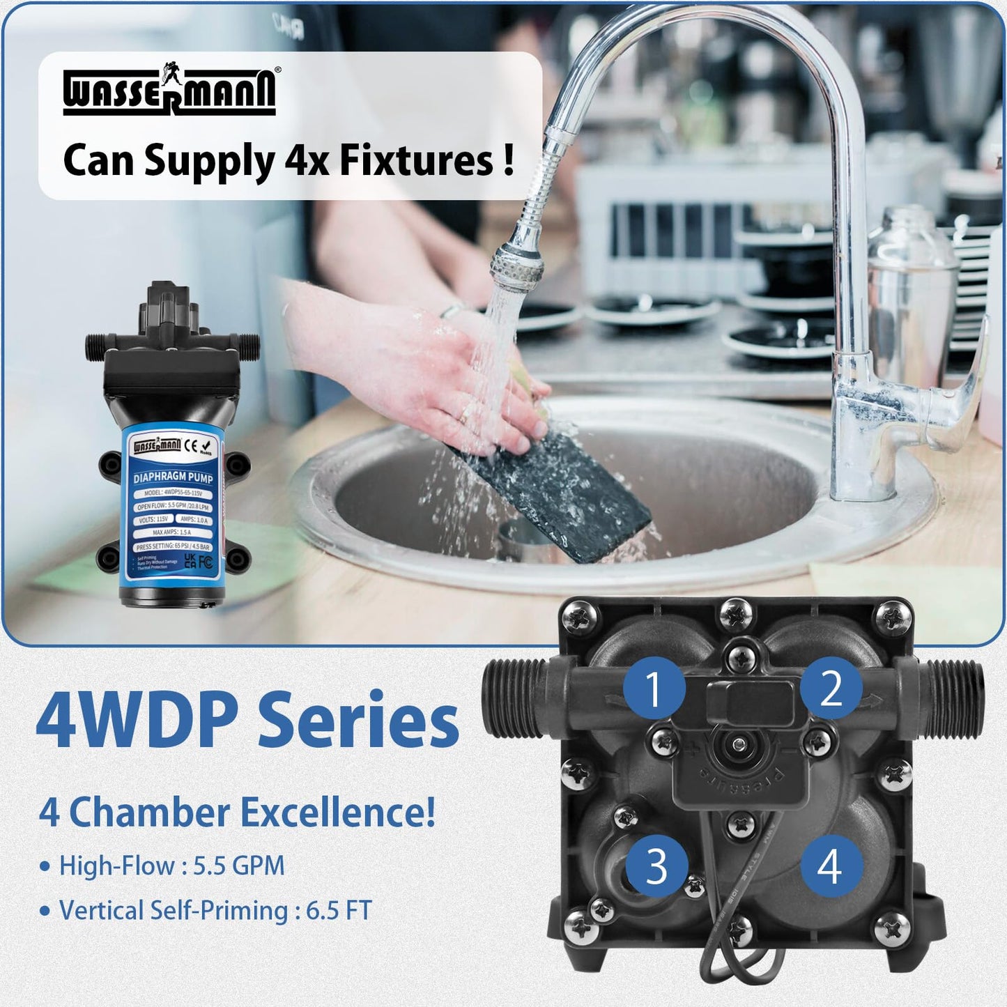WASSERMANN 115V AC Diaphragm Pump, 5.5 GPM 65 PSI 1/2" NPSM Connection, 4-Chamber Self-Priming Fresh Water Pressure Pump with Pressure Switch for Garden Kitchen Bathroom Marine Camper RV