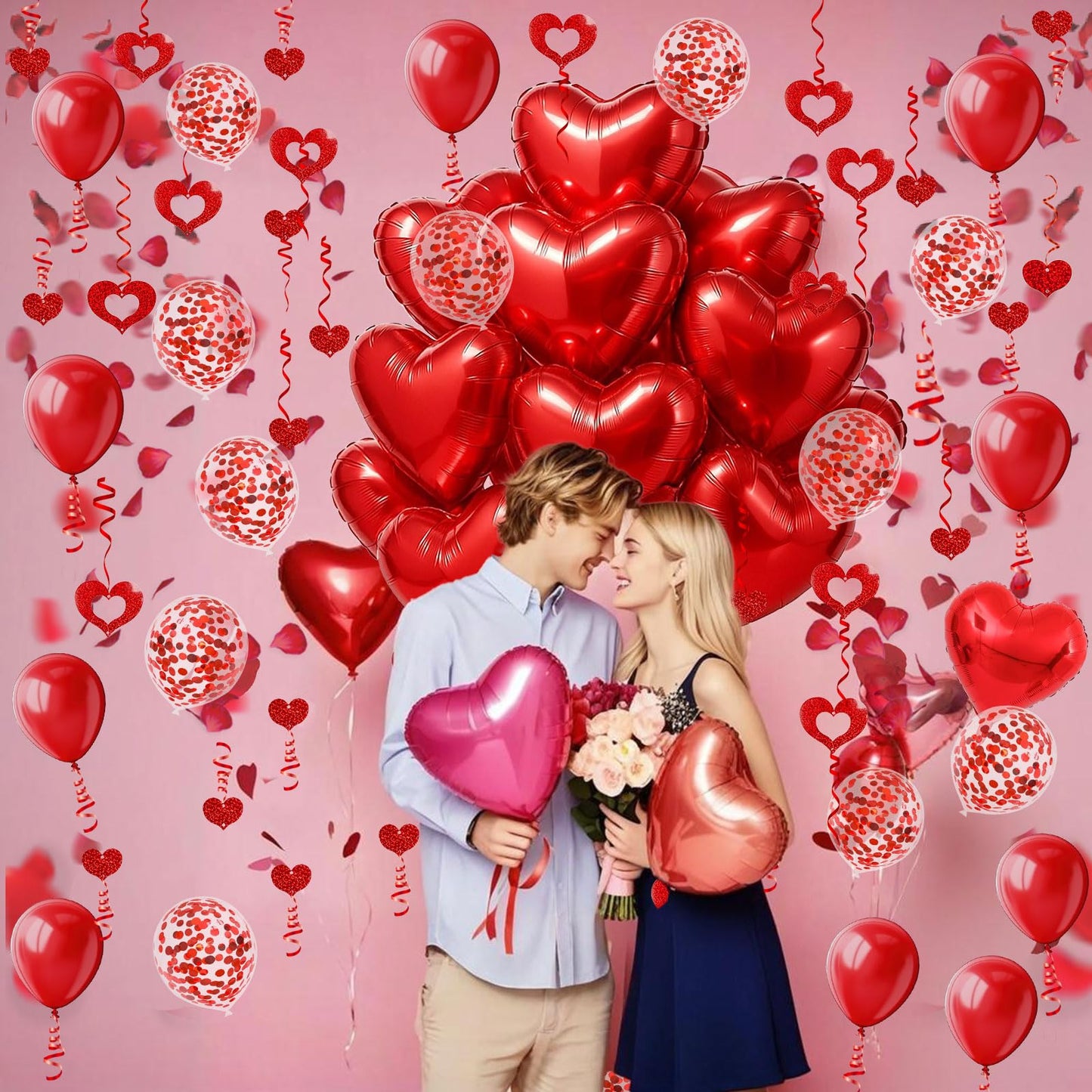 Heart-Shaped Aluminum Foil Balloon,Red Latex balloons,Confetti Balloon,Fake Petals and Hanging Streamer for Valentines Wedding Bridal Shower Anniversary Engagement Party Supplies Decorations
