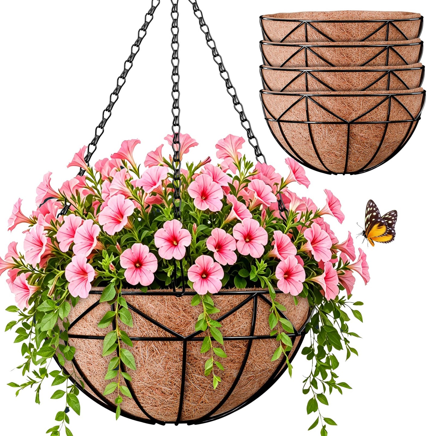 Halatool 4 Pack 14 Inch Hanging Baskets for Outdoor Plants, Heavy Duty Basket with Coco Liners, Rust-Proof Hanging Planters for Patio Fence Balcony Decor Trailing Vines Ferns Succulents Herbs